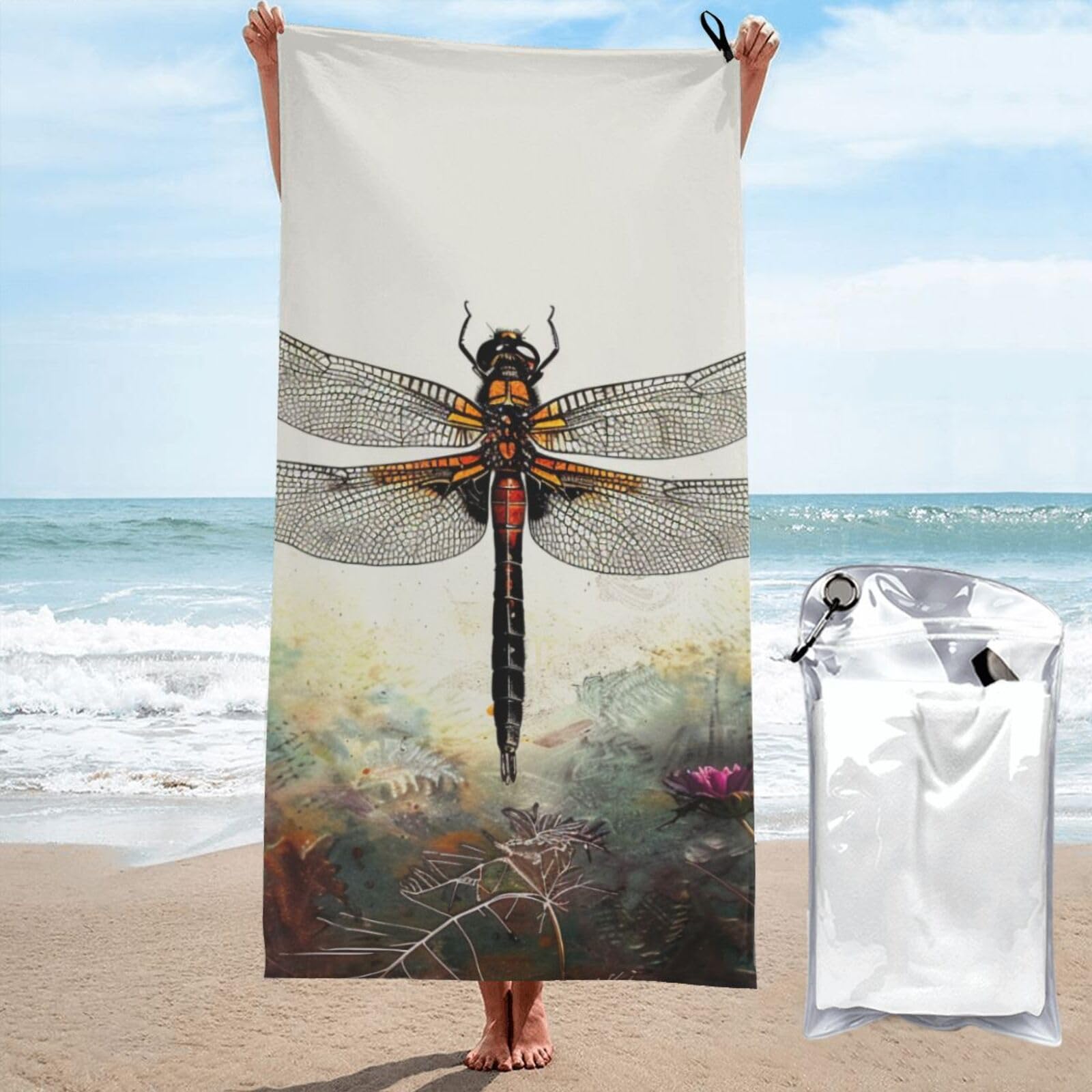 kkvhhyuo Microfiber Beach Towel, Dragonfly Printed Lightweight Quick Dry Travel Bath Sheet with Compact Carry Bag for Swimming Yoga Camping Gym,31.5"x63"