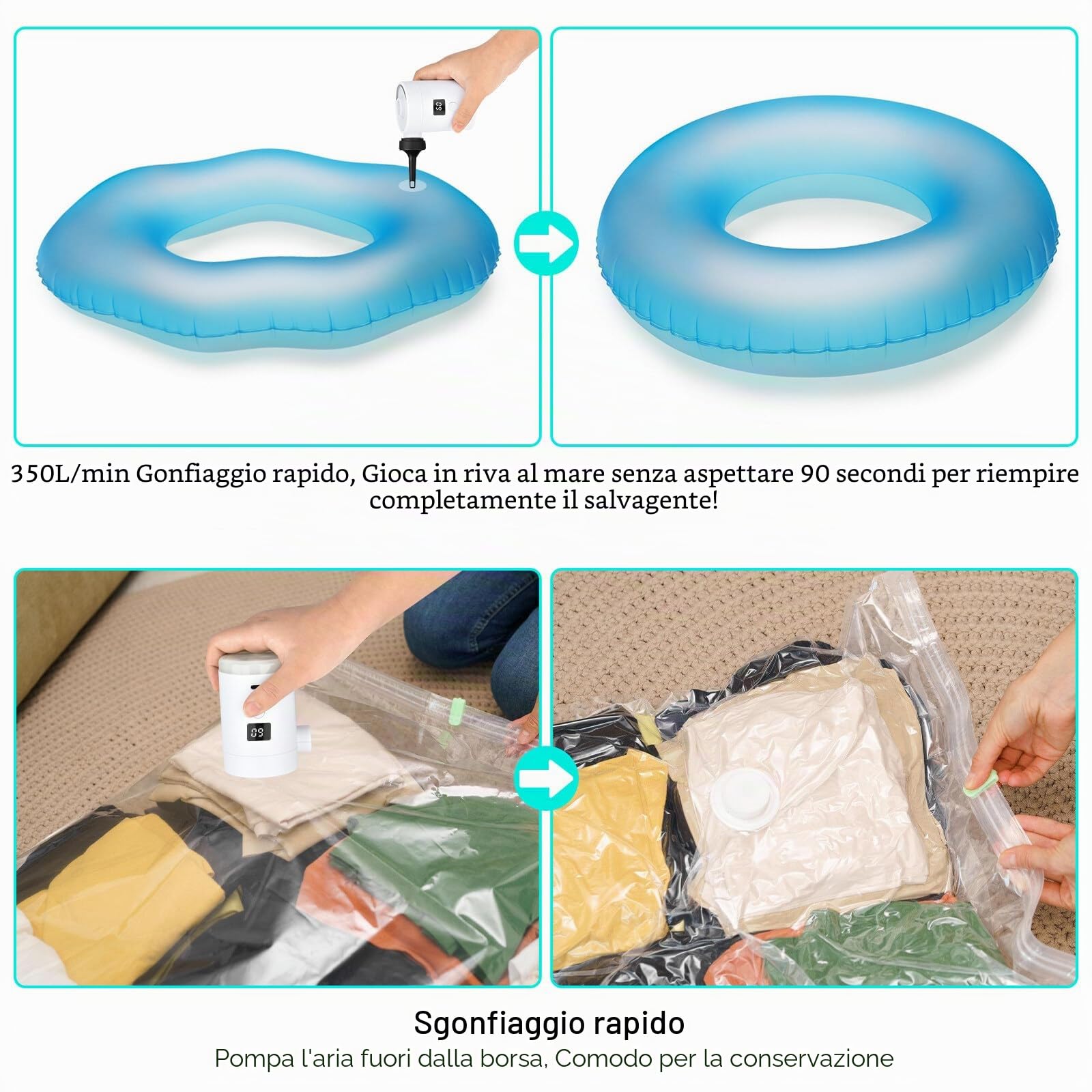 Pompa Ad Aria Elettrica, 4000mah Pompa Elettrica Per Materasso Gonfiabile Con 4 Ugelli, Gonfiatore Sgonfiatore, Illuminazione Usb Ricaricabile, Per Il Campeggio All'aperto,Materasso Ad Aria
