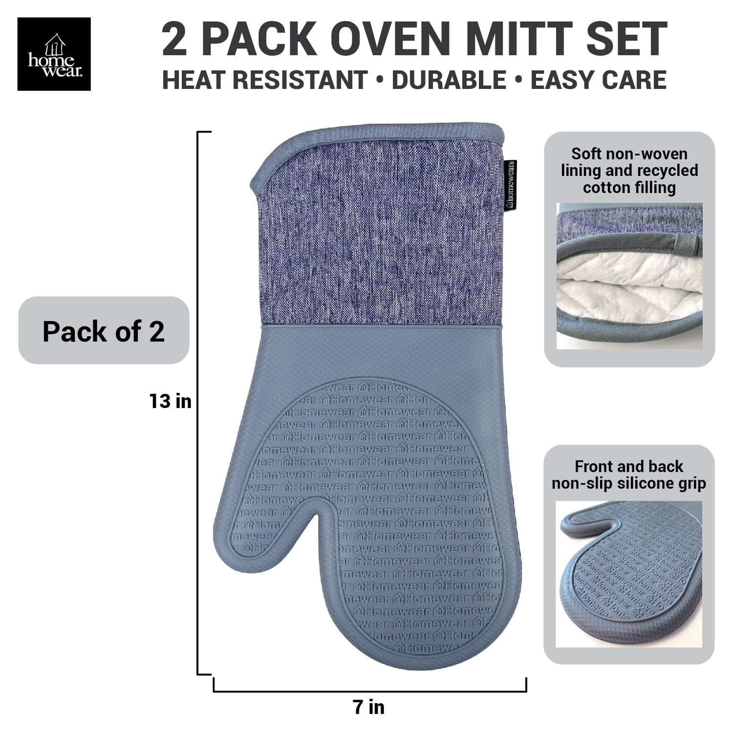 Homewear Marlow - Juego de 2 manoplas de horno de silicona extralargas, resistentes al calor y antideslizantes, algodón reciclado con forro suave, guantes de cocina gruesos para cocinar, color pizarra