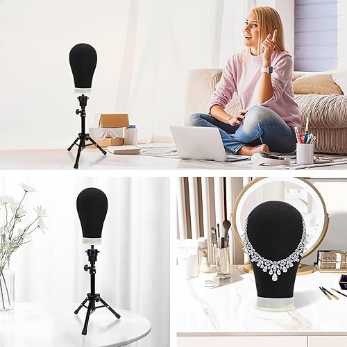 Miniatura 9 de Cabeza de peluca de lona de 23 pulgadas, trípode con cabeza, cabeza de maniquí para pelucas con gorras de peluca, juego de pines en T, cepillo de