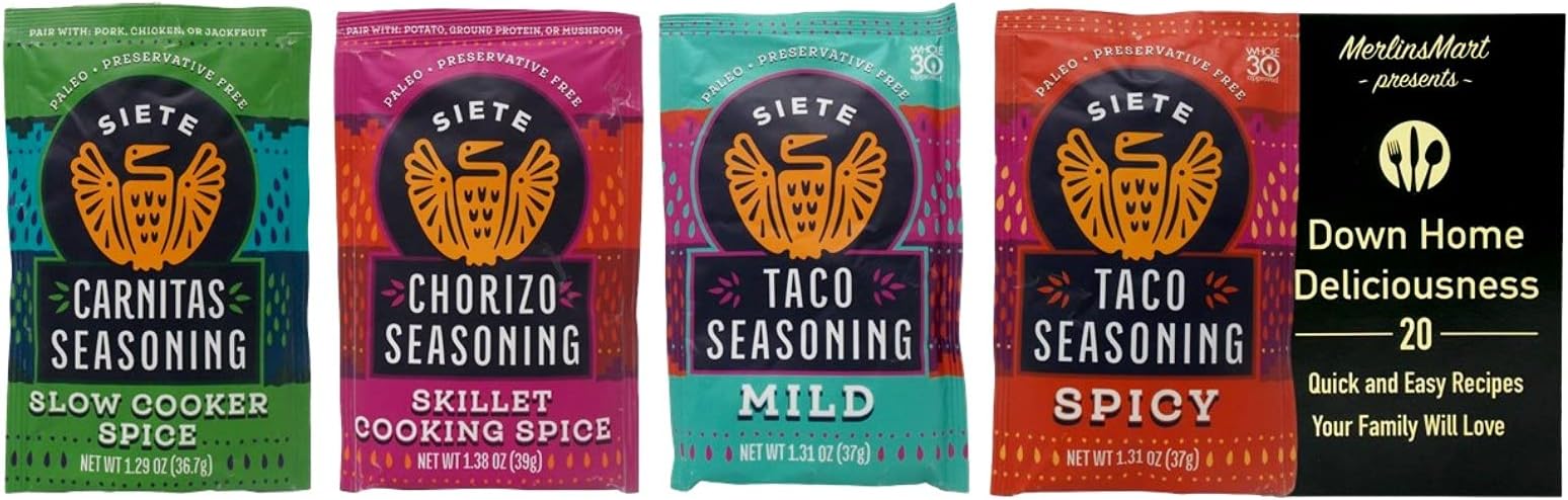 Siete Seasoning 4 Flavor Variety - (1) Each: Carnitas Slow Cooker, Chorizo Skillet Cooking Spice, Mild Taco, Spicy Taco (1.29-1.38 Ounces) - Plus Recipe Booklet Bundle