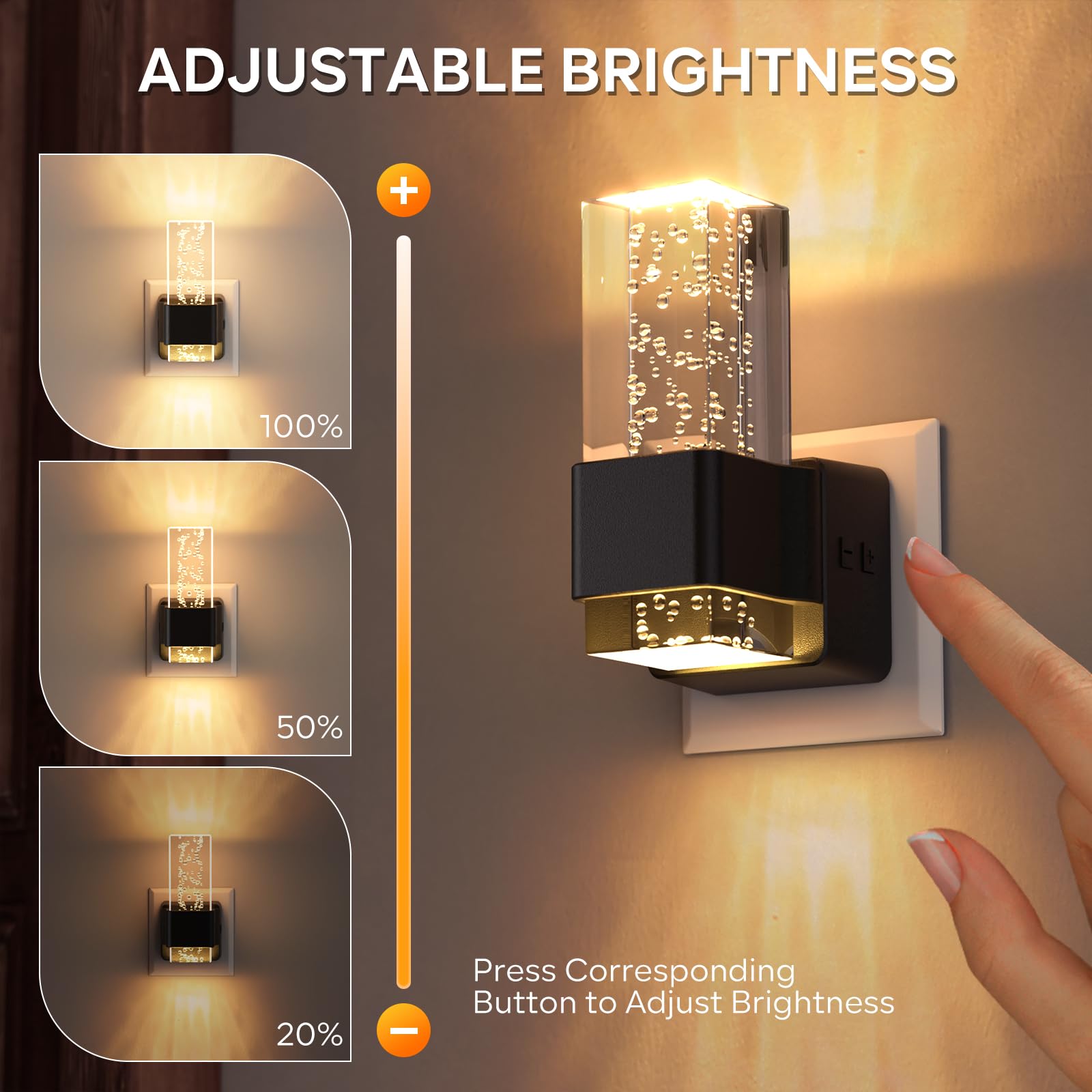 Quntis Luce Notturna da Presa con Sensore Crepuscolare, Luce Notturna con Design a Bolla in Acrilico, 3 Livelli di Luminosità Regolabile, 2 Pezzi Luci Notturne da Presa, 3000K Bianco Caldo - 3