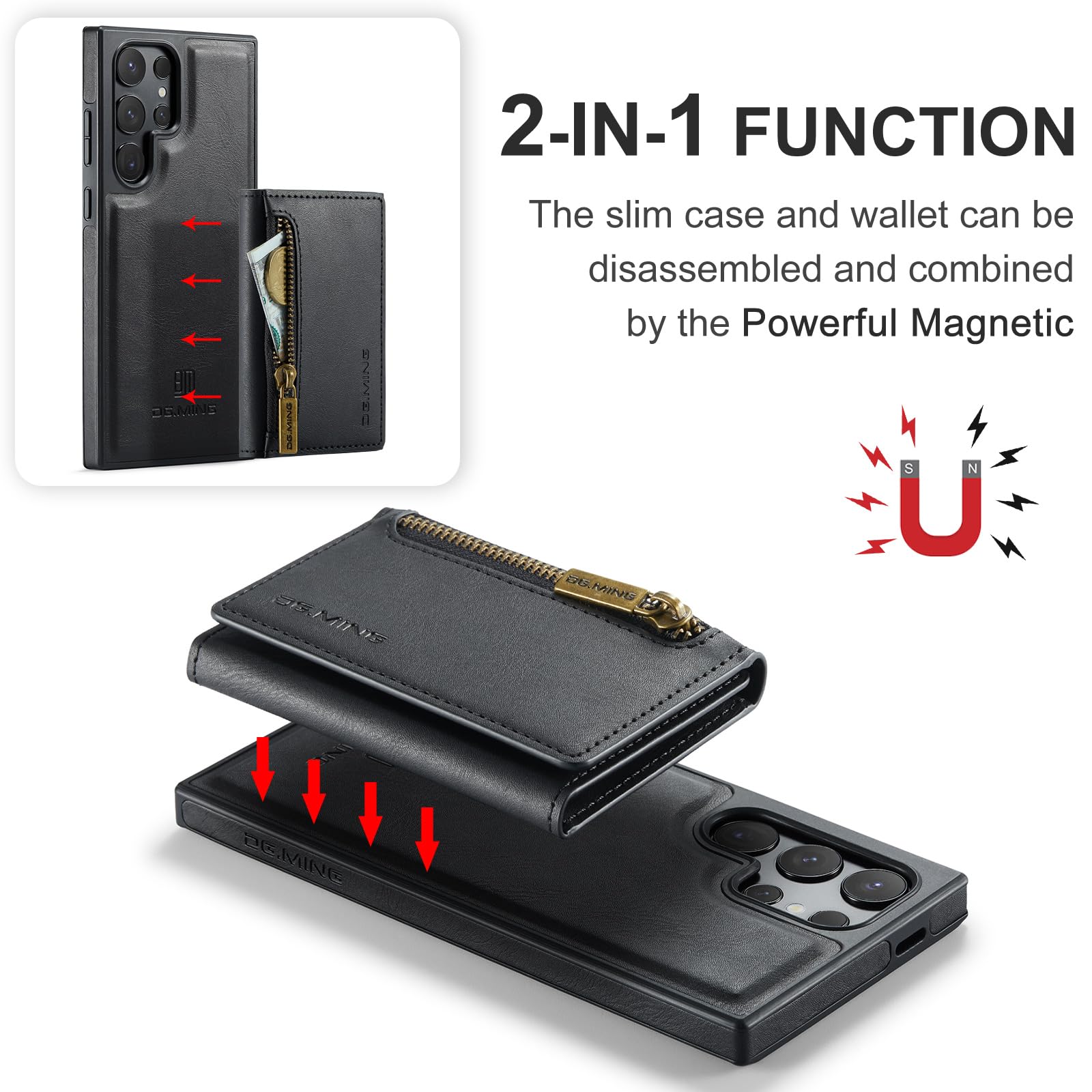 Custodia a portafoglio 2 in 1 per iPhone 14 Pro, custodia in pelle opaca con cerniera, staccabile, con fibbia a cinturino - Nero