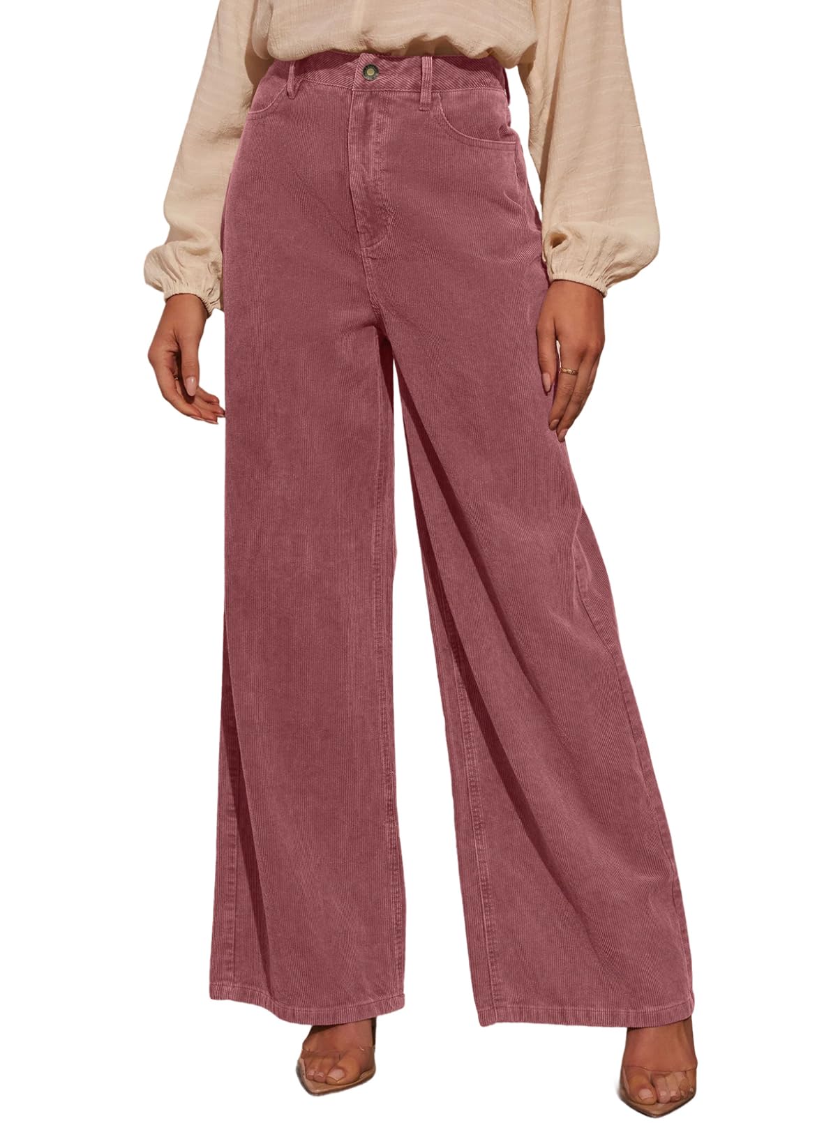 Sidefeel Womens Corduroy Pants Casual High Waisted Baggy Wide Leg Elastic Waist Loose Trousers with Pockets