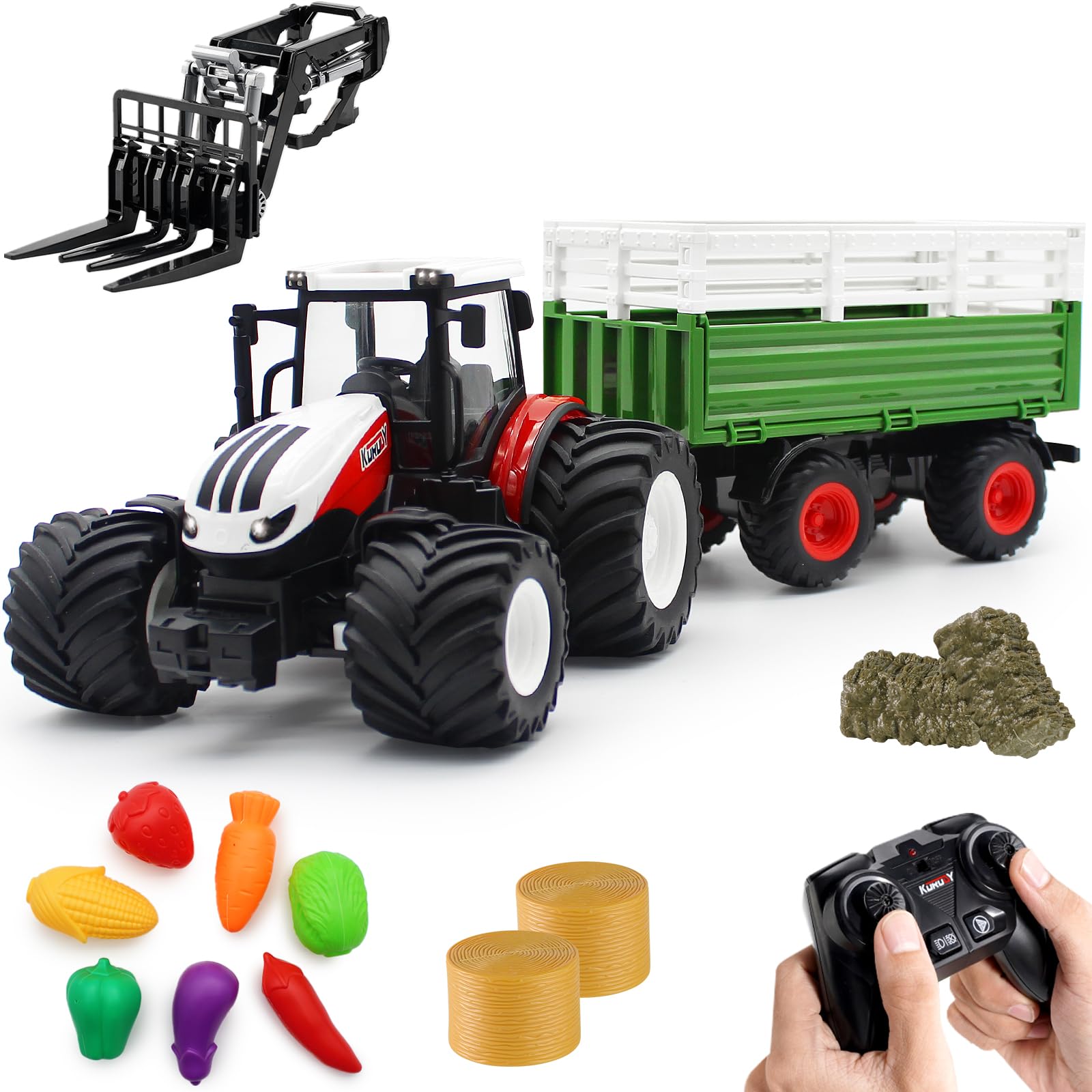 fisca RC Farm Tractor Toy Remote Control Tractor Set with Front Trailer Forklift, 1/24 Scale 2.4Ghz, Electronic Tractor Farm Truck Vehicle Toy with Light for Kids