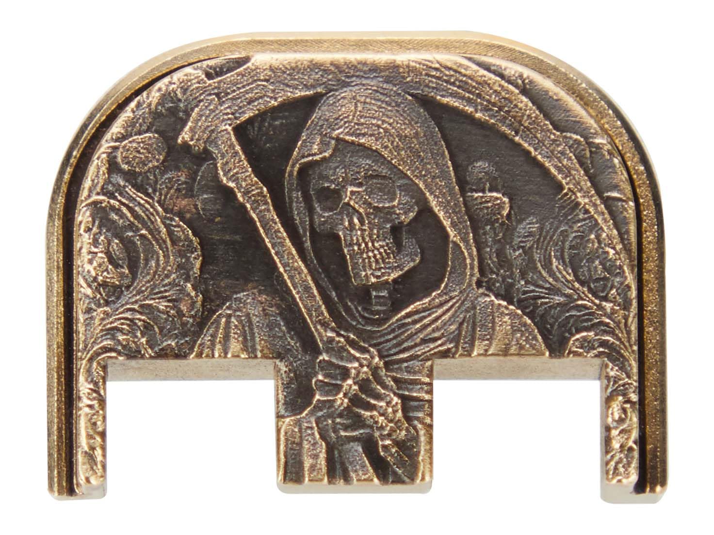 NDZ Performance 3D Engraved Slide Cover Back Plate for Gen 5 Glock 17 19 19X 20 21 22 23 26 27 29 30 34 45 47 49, Solid Brass Construction, Glock Accessories - Grim Reaper