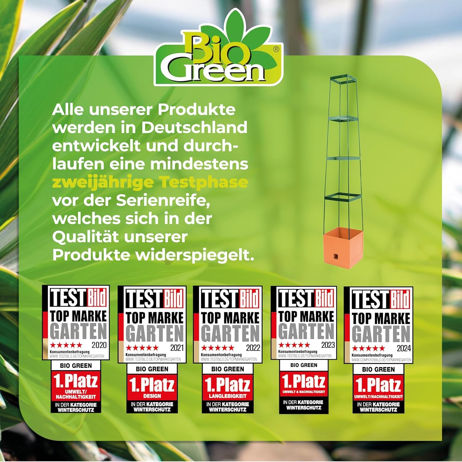 BioGreen Pflanzen-Aufzucht-Turm „Maxitom“ 3er-Set mit Rankhilfe und 2-Liter-Wasserspeicher | 16 Liter Fassungsvermögen | 150 cm Höhe | Farbe: Terracotta