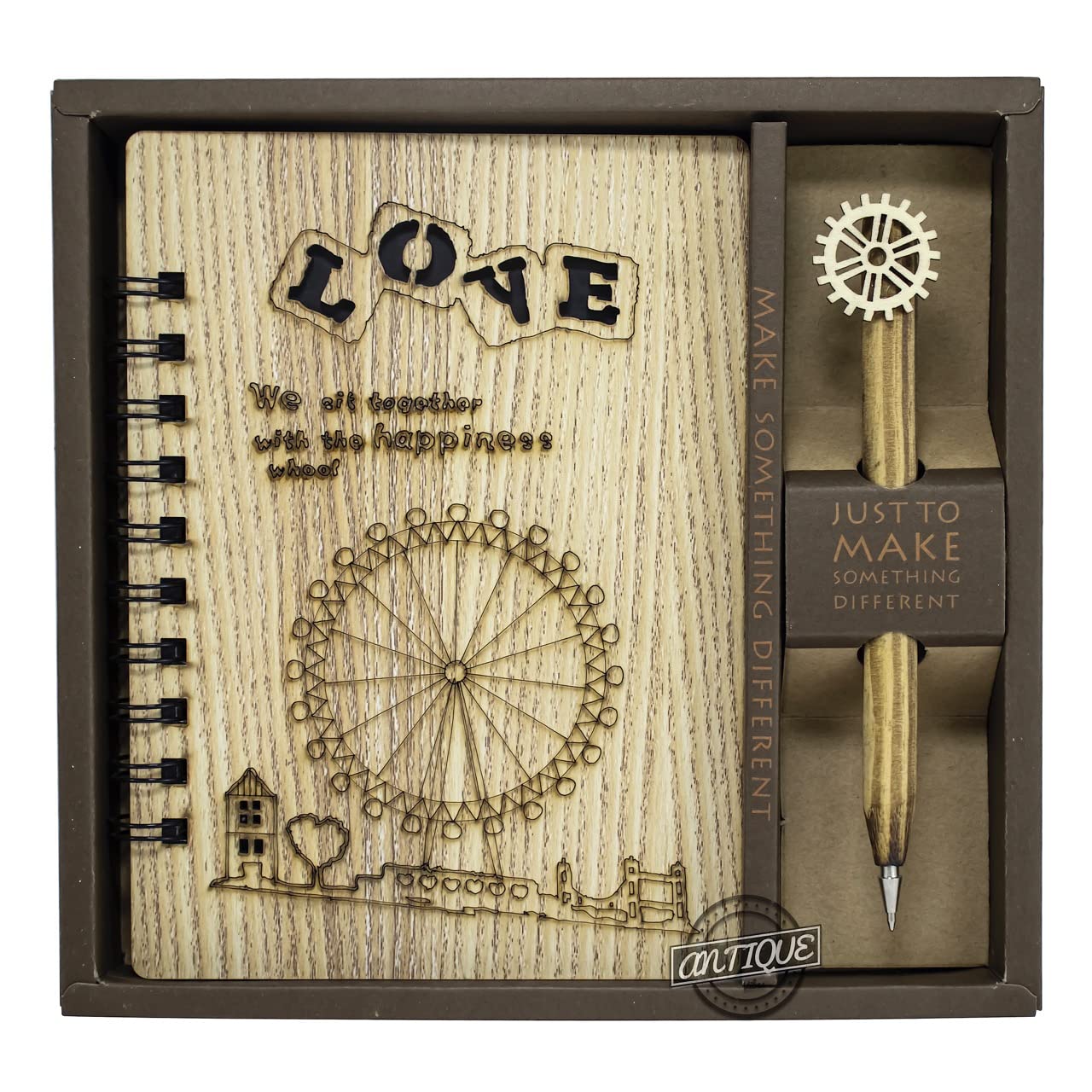 Antique Vibes Blank Diary Wooden Cover Notebook w/ Pen, Unlined Raw Off White Paper, Engraved Birthday School Best Friends Gifts