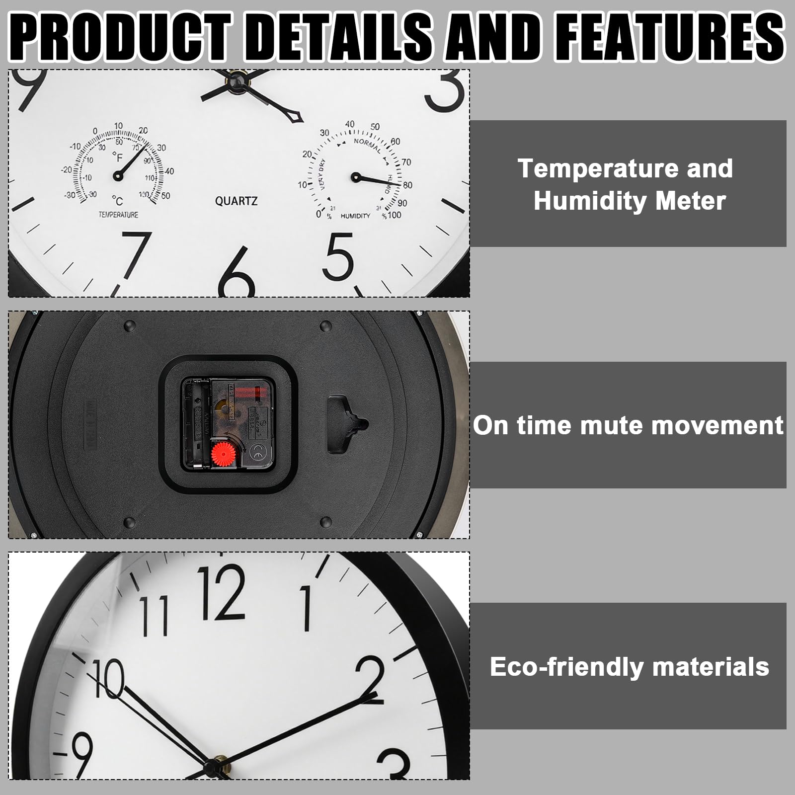 wasserdichte Wanduhr mit Thermometer Hygrometer Geräuschlose Outdoor Wanduhr, Große Analoge Gartenuhr aus Kunststoff 30cm für Badezimmer Garten Küche