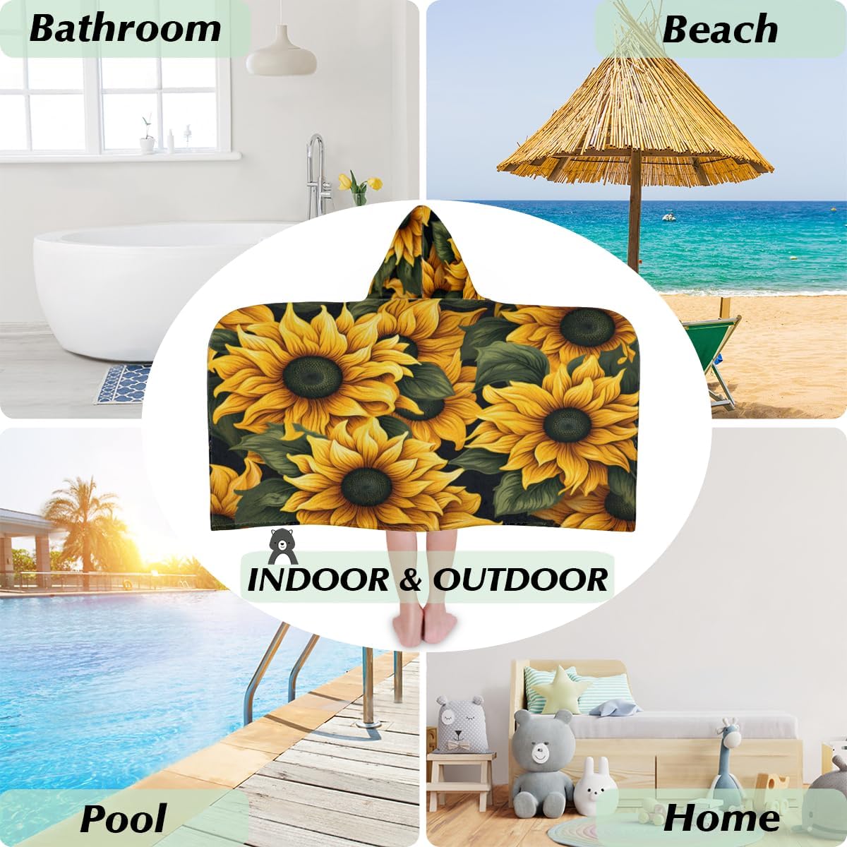 Pardick Kids Bath Towel Natural Sunflower Beach Towel with Hood Pool Cover Up for Girls Boys Soft Absorbent Hooded Bath Towel Toddler Towels for Beach, Pool