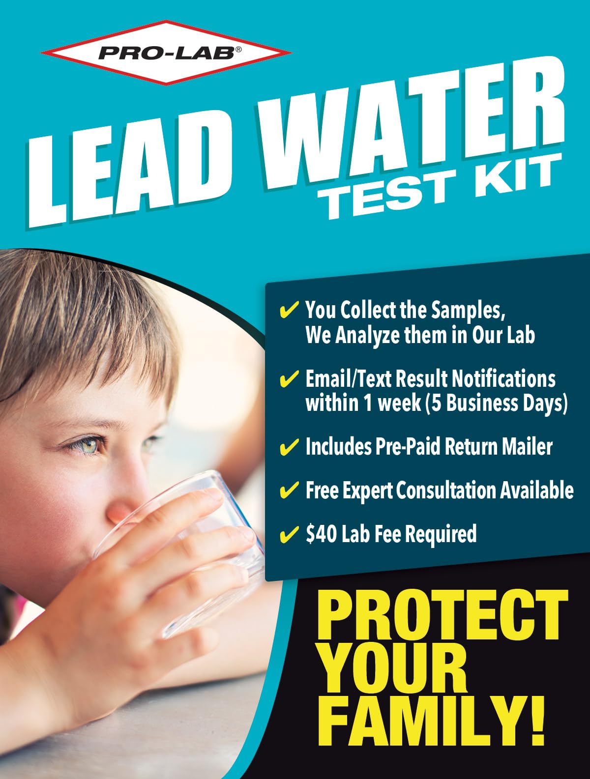 PRO-LAB Lead in Drinking Water Test Kit - Same kit used by Home Inspectors. You collect the sample, we analyze it. Results emailed within 1 week. $40 lab fee required for EPA Certified Lab analysis.