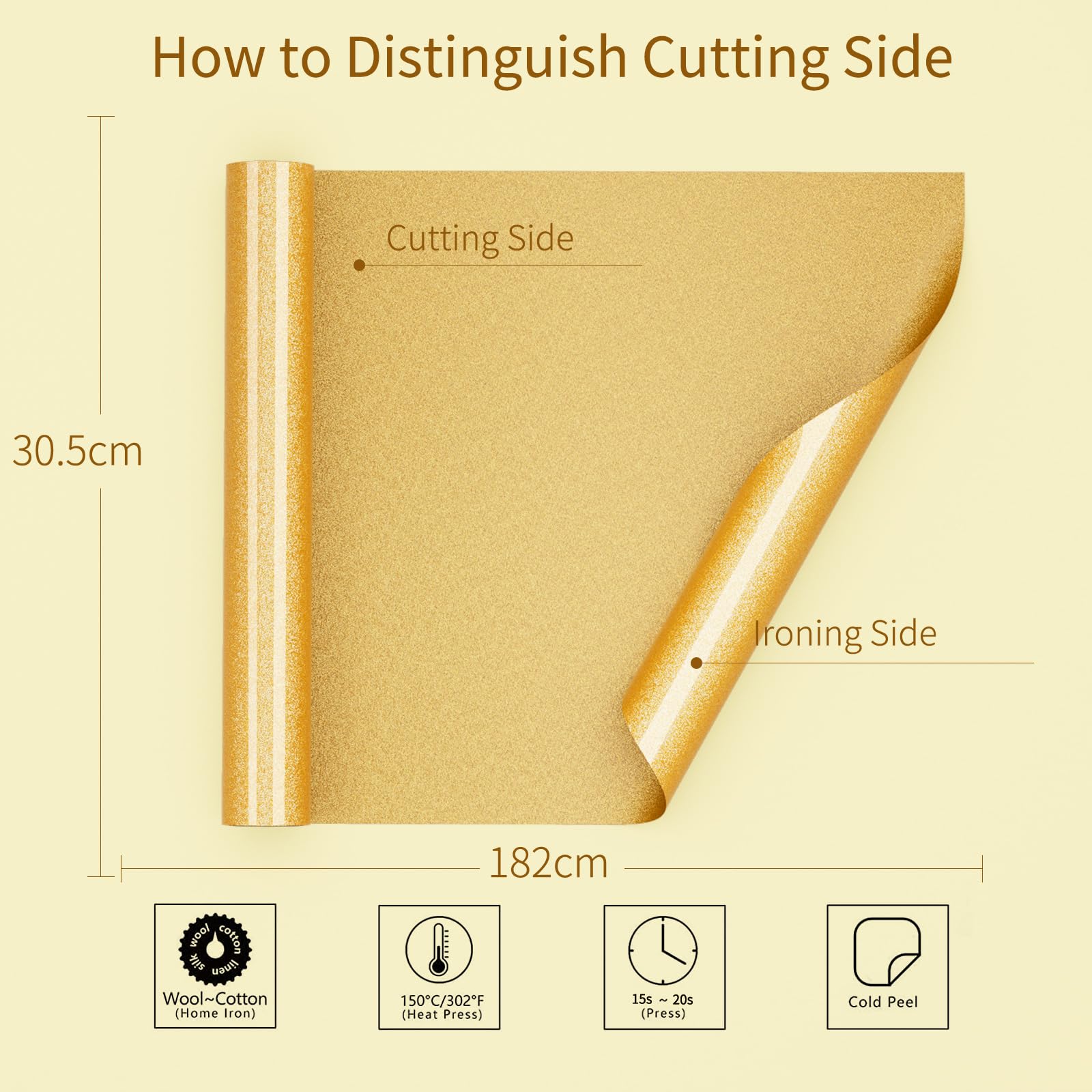 Vinile Termoadesivo per Tessuti, Oro Glitter HTV Termovinile per Tessuti 30,5 x 182 cm Oro Vinile Termoadesivo Pellicola per Plotter con Glitter Heat Transfer Vinyl per Cricut Fai da Te Magliette
