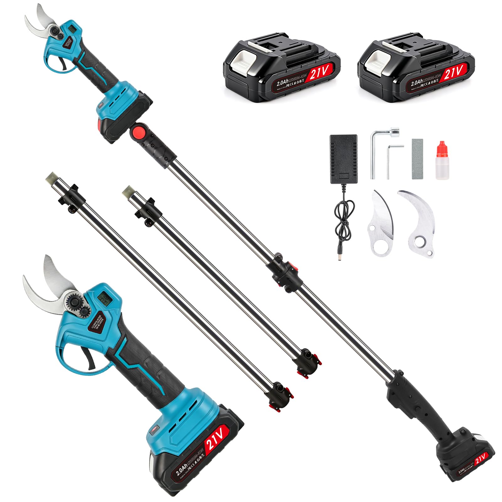 Tijeras de Podar Eléctricas 35 mm，con 2,6 m Pértiga, Cabezal Ajustable 180°,2×2.0Ah Batería,Tijeras de Podar Telescópicas para Jardín y Árboles