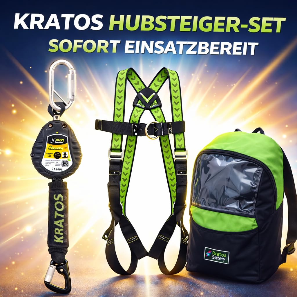 Kratos Safety Hubsteiger Sicherheitsset, Fallschutz-Set mit Gurt EN361, Höhensicherungsgerät, Rucksack, PSA