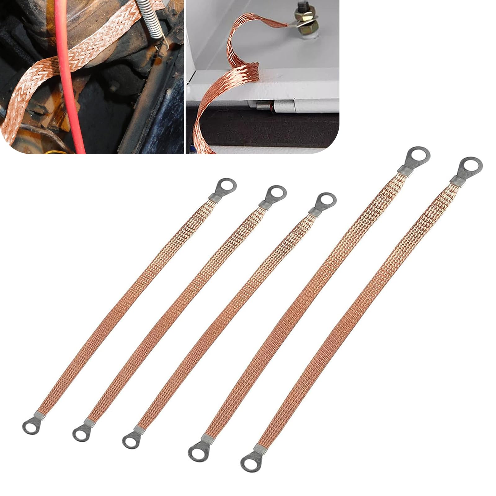 Eratus 5 PCS Car Grounding Strap, 13" 10" Heavy Duty Multi-purpose Distribution Box Connection Strap, Copper Braided Flexible Cable with Ring Terminals, for Most Cars Repair Accessories (Gold)