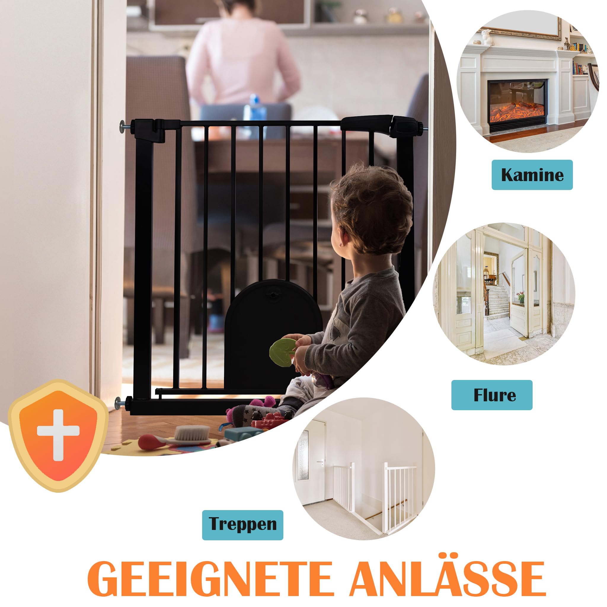 Aufun Barrière de sécurité Enfants sans perçage, pour Largeur 85-95 cm, avec Fixation à Pression, Fermeture Automatique, barrière métallique, barrière de sécurité pour Chiens avec chatière (Noir)