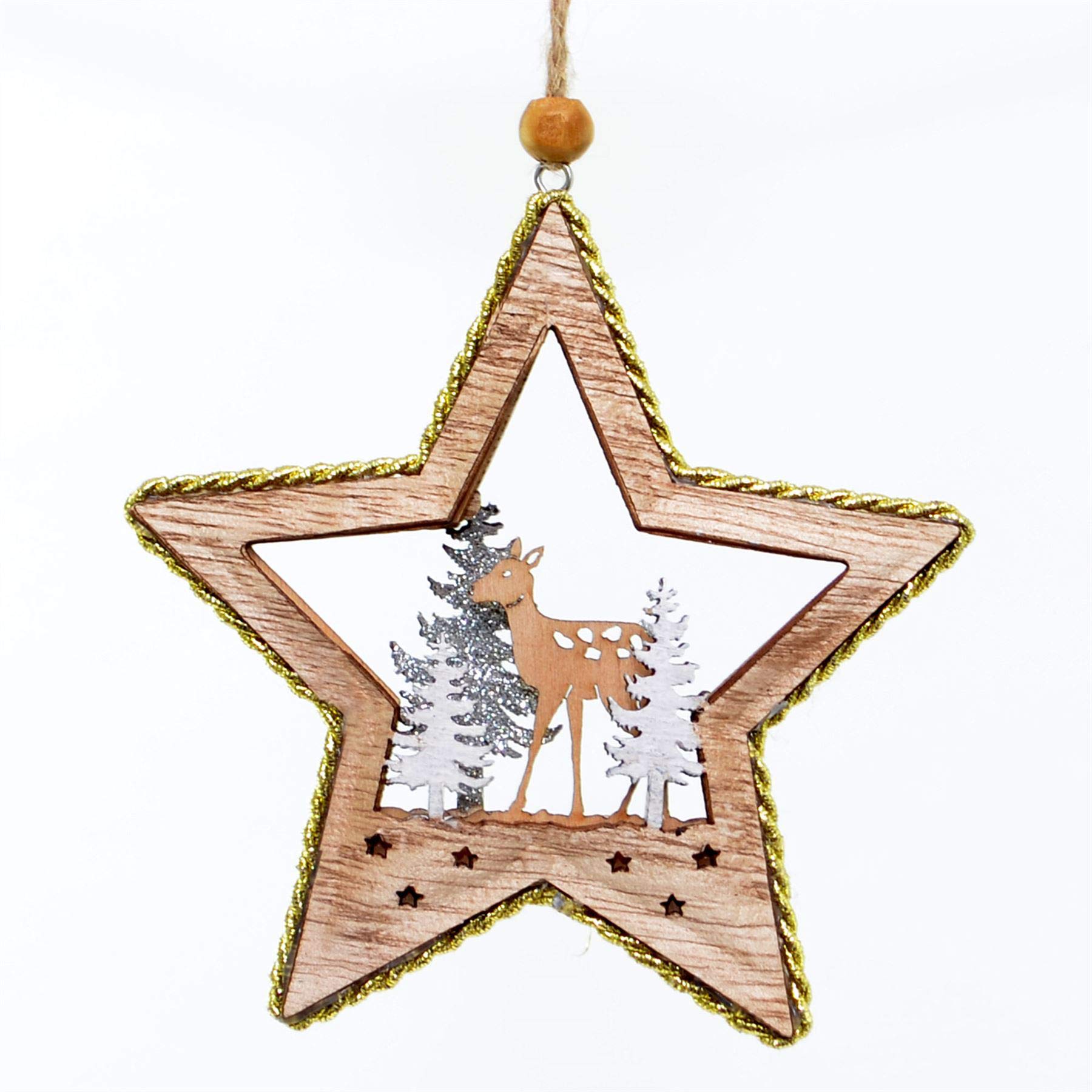 Shatchi Standing Deer In Star 11Cm Christmas Tree Ornaments Standing Deer Wooden Aesthetic Star Shape Hanging Decorations Xmas Diy Holiday Home Décor