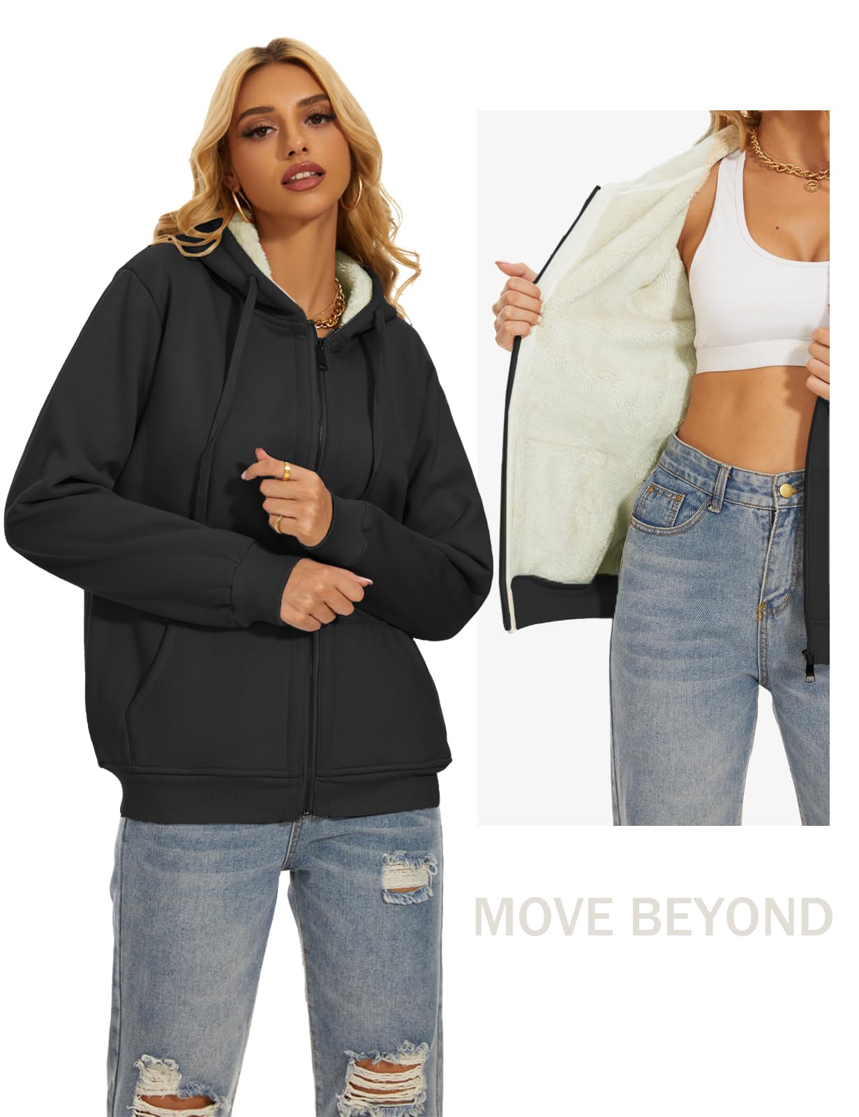 MOVE BEYOND Abrigos para Mujer en Invierno Chaqueta Sudadera con Capucha de Forro Cálido Térmico y Cierre de Cremallera Termica Fleece Chamarras