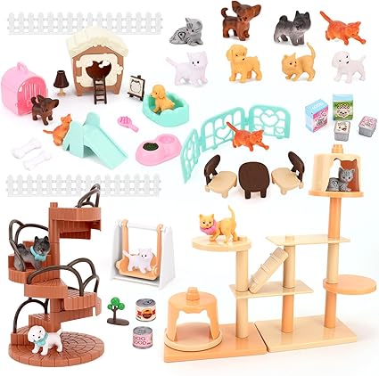 BananMelonBM 67 PCS Cat and Dog Pet Figurine Playset, Pretend Play Toy for Kids Creative DIY Realistic Detailed, Educational Gift for Kids, Toddlers, Boys and Girls