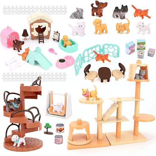 67 PCS Cat and Dog Pet Figurine Playset, Pretend Play Toy for Kids Creative DIY Realistic Detailed, Educational Gift for Kids, Toddlers, Boys and Girls