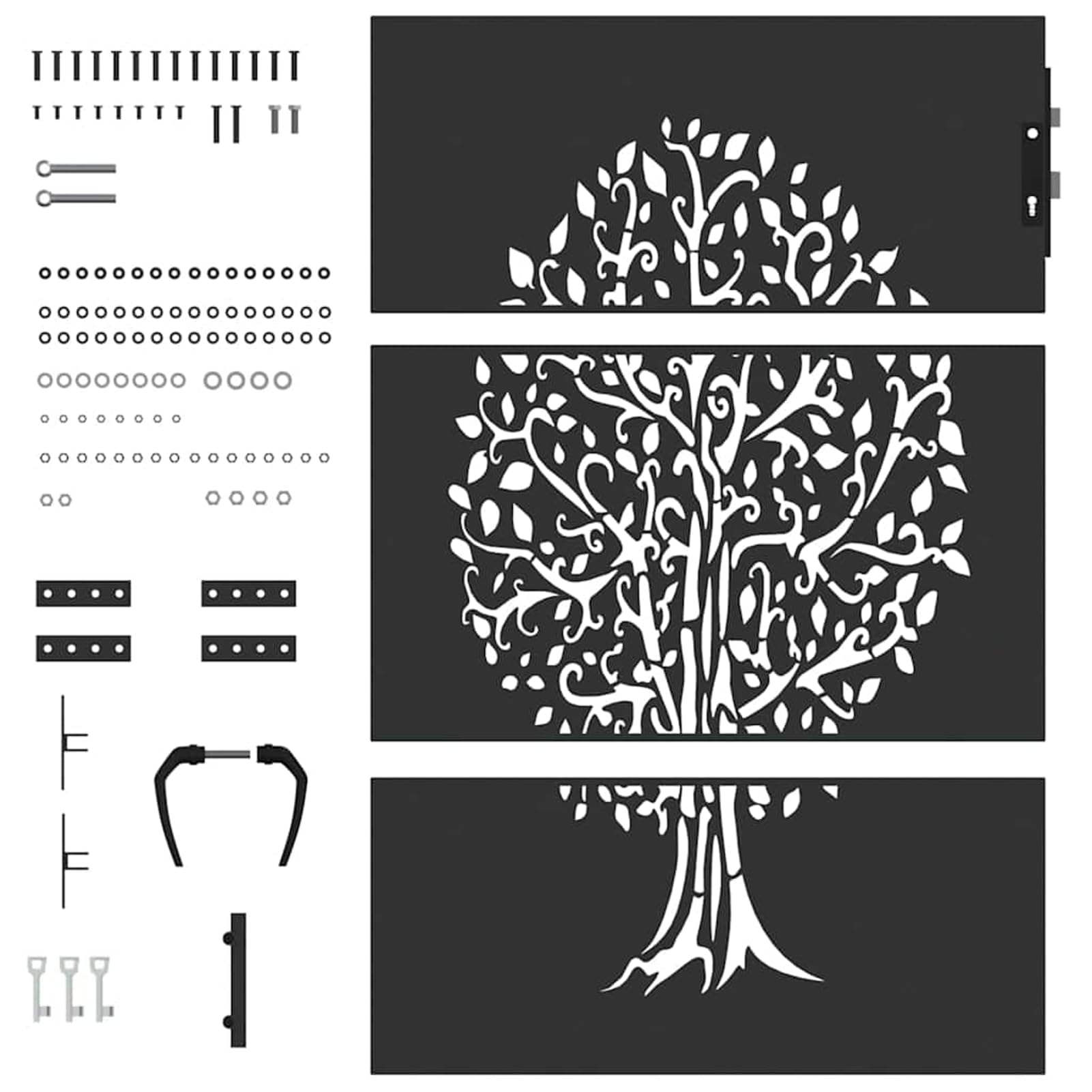 Cancello da giardino nero, 85 x 150 cm, in acciaio verniciato a polvere, con motivo tagliato al laser, resistente alle intemperie e alla ruggine, per giardino e terrazza