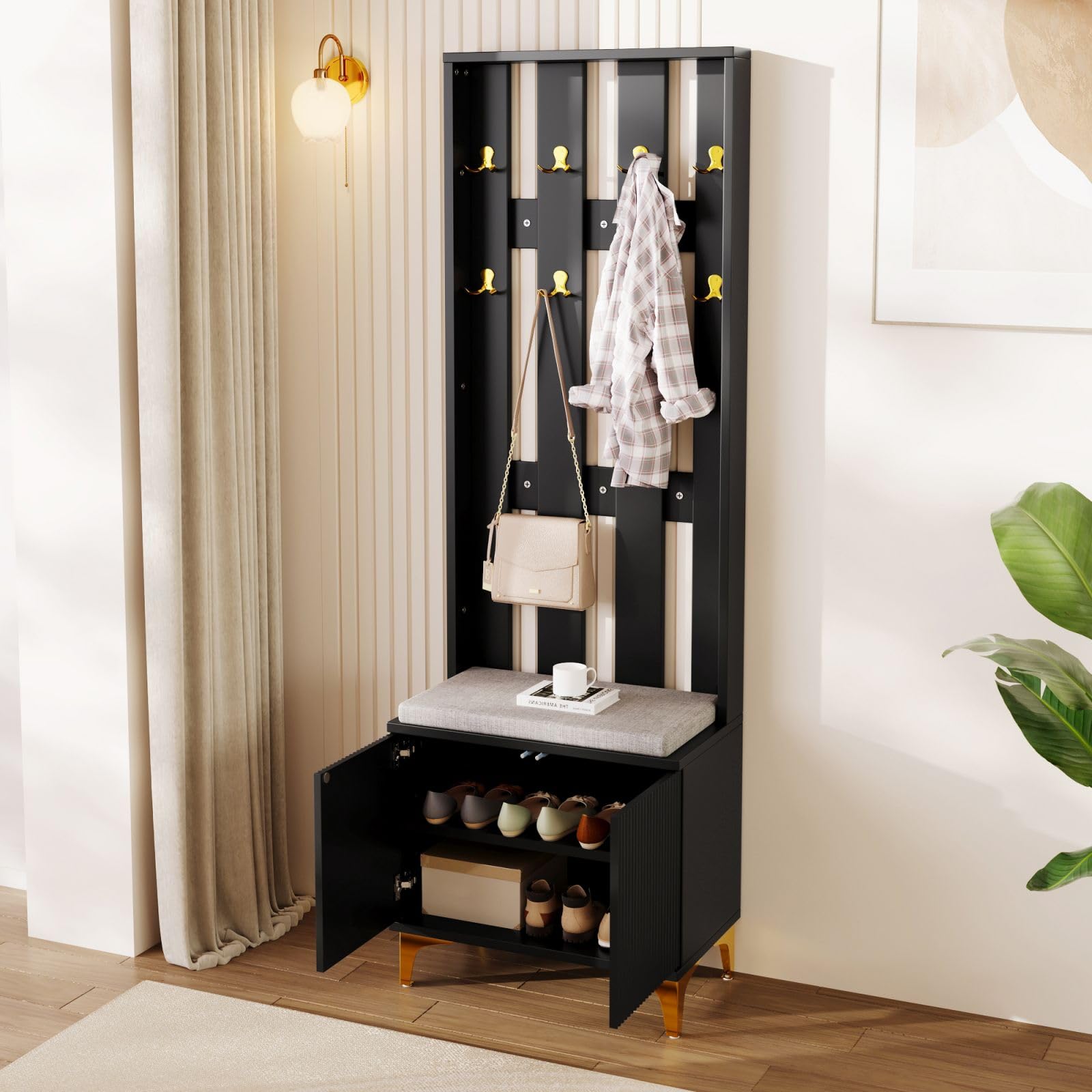 KOMHTOM Vestiaire d'entrée avec Crochets et Banc à Chaussures Casier vestiaire avec Armoire à Chaussures, Meubles pour entrée Modernes (A-Noir)