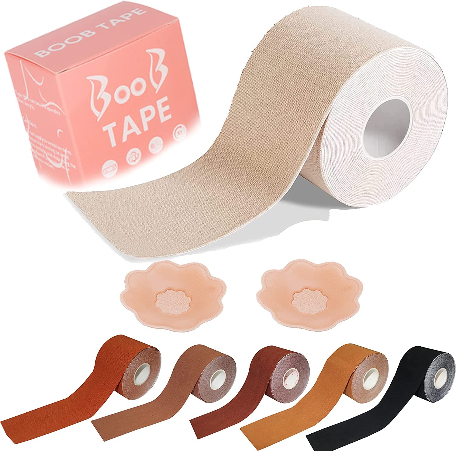 WROLY Boob Tape, Self-Adhesive Strapless Boobtapes, Bob Tape for Large Breasts with 2 Pcs Nipple Covers and Tape, Breast Lift Tape Stretchable Longer Than Regular Tape Rolls (Beige)