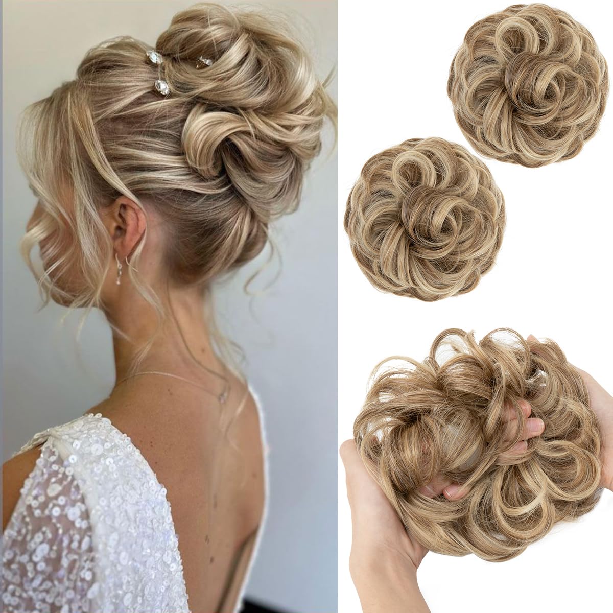 SARLA 2PCS Messy Bun Hair Pieces for Womens Synthetic Scrunchies Buns Extension Hairpieces Updo Pony Tail Sand