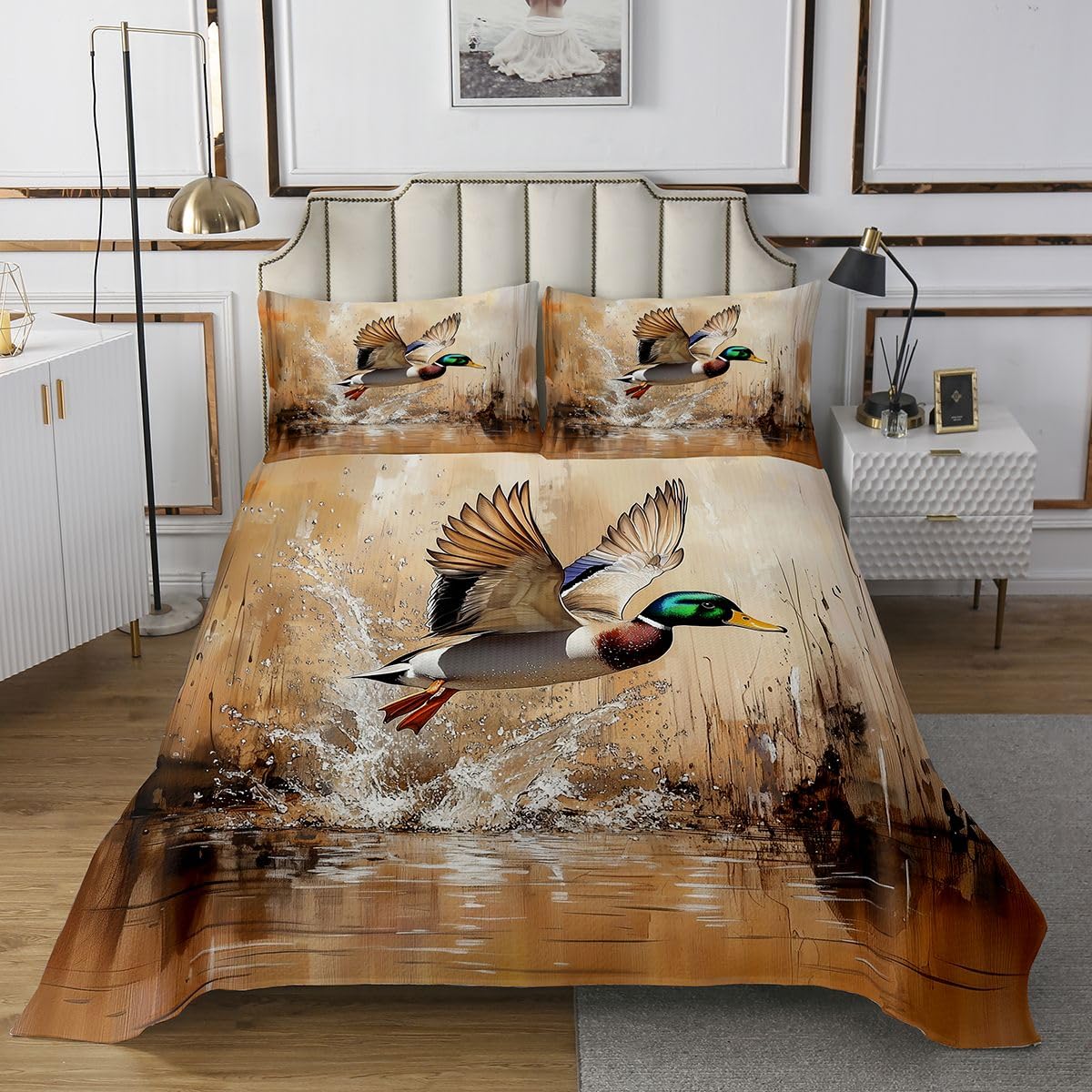 Loussiesd Copriletto trapuntato per bambini, motivo anatra, per letto king size, con motivo a caccia di anatre, per camera da letto delle ragazze, traspirante, morbido e leggero, in microfibra, per