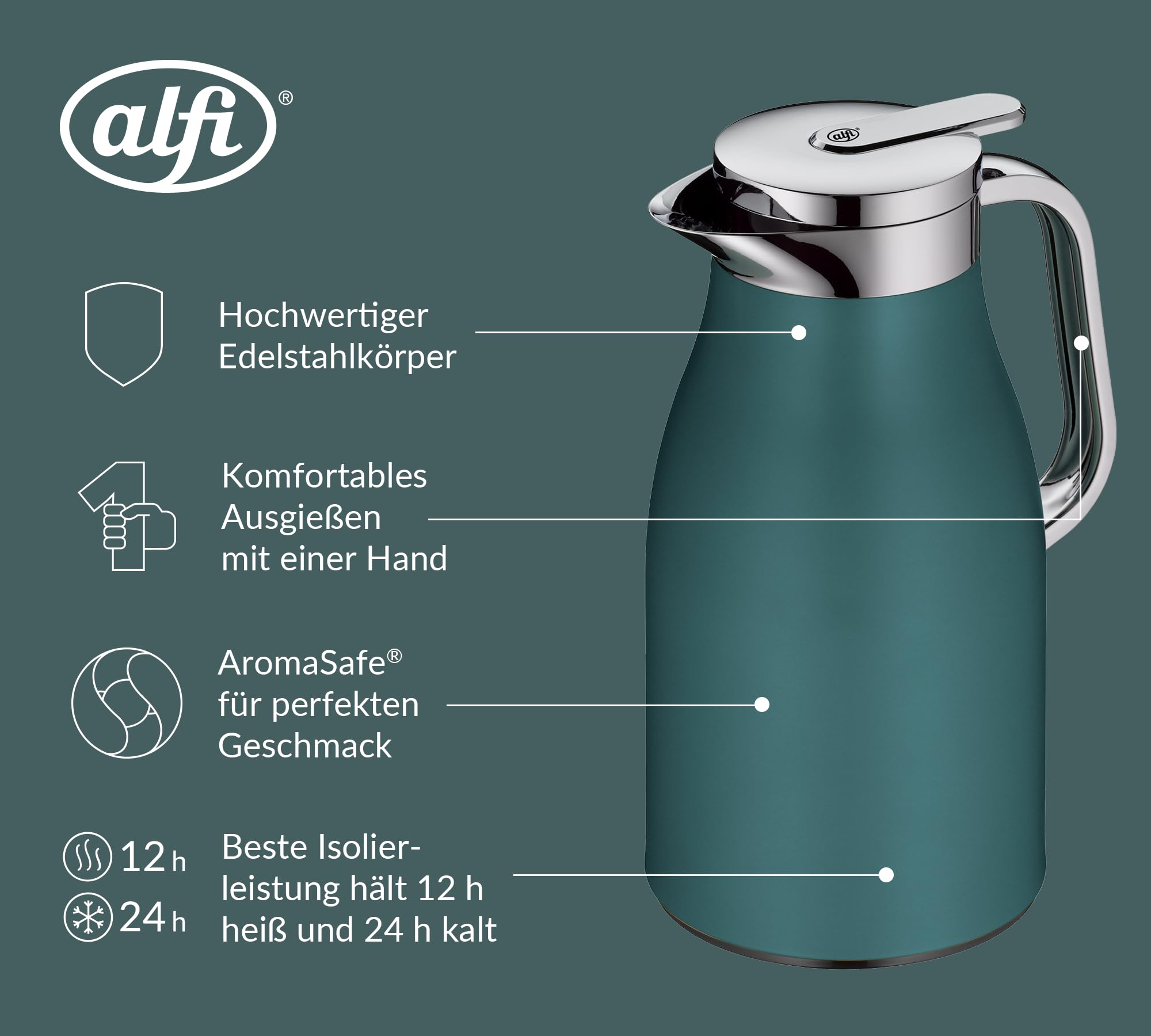 alfi SKYLINE 1,0l, sea pine, Edelstahl-Isolierkanne mit hygienischem Hartglaseinsatz, Drehverschluss mit bequemer Drucktaste, ergonomischer Griff, ideal als Kaffeekanne, Teekanne, BPA-frei