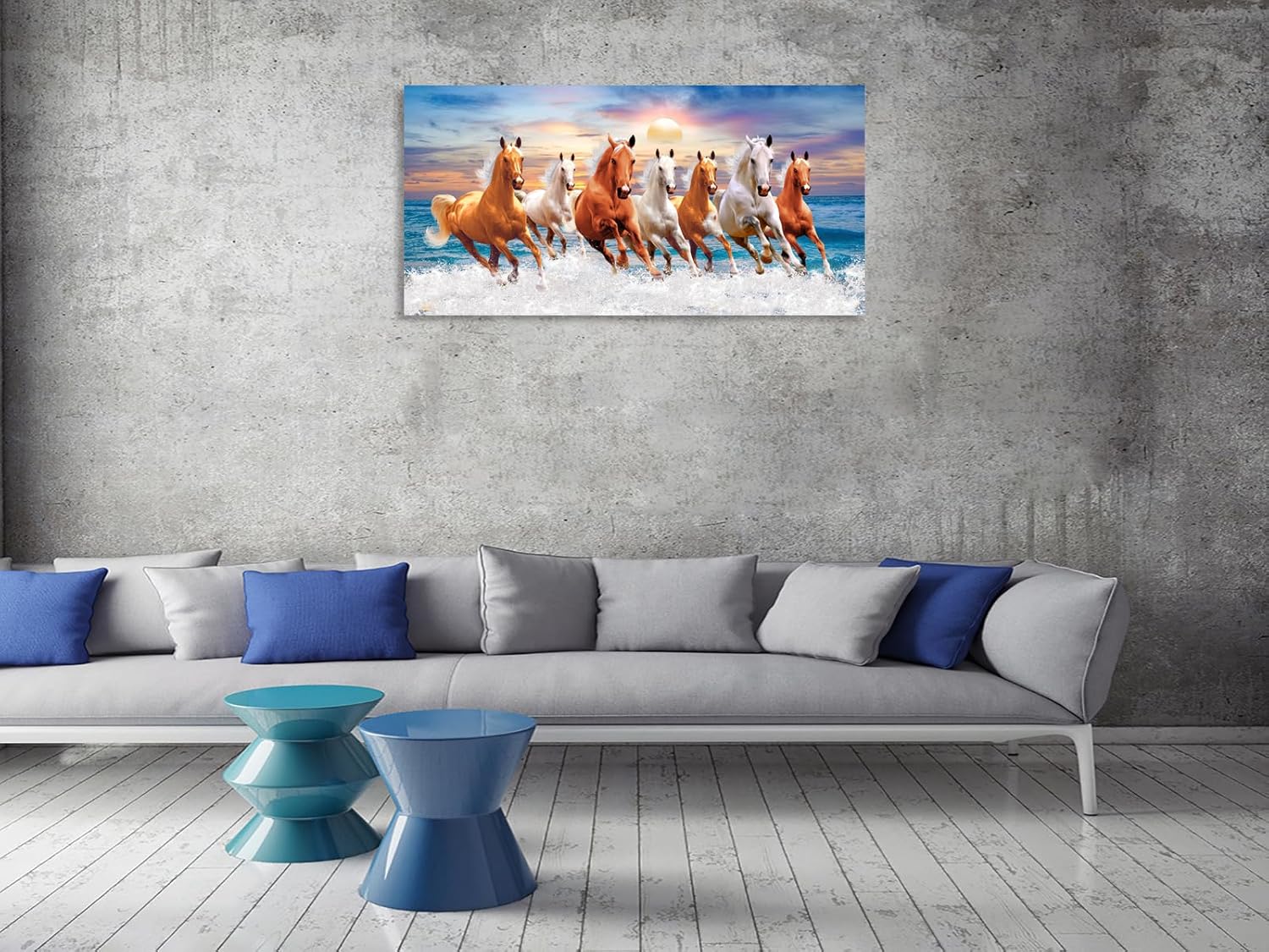Wall Art Canvas Painting Horses Running Blue Sky 1 Piece Seven Horses in The Water Sunset Background Picture Poster Print Framed and Stretched Ready to Hang for Living Room Bedroom - Image 4