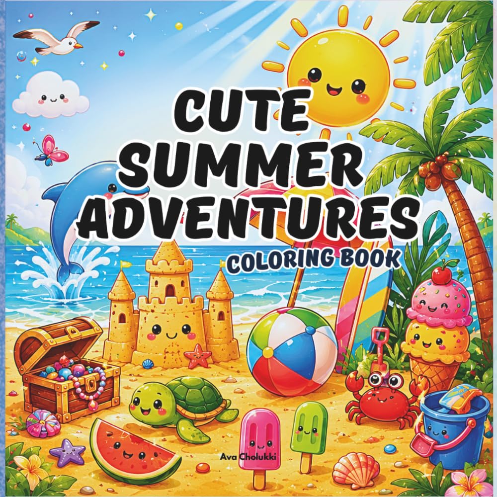Cute Summer Adventures Coloring Book: Adorable Beach, Ocean Animals, Ice Cream, Vacation & Summer Fun Coloring Pages for Kids Ages 4–8
