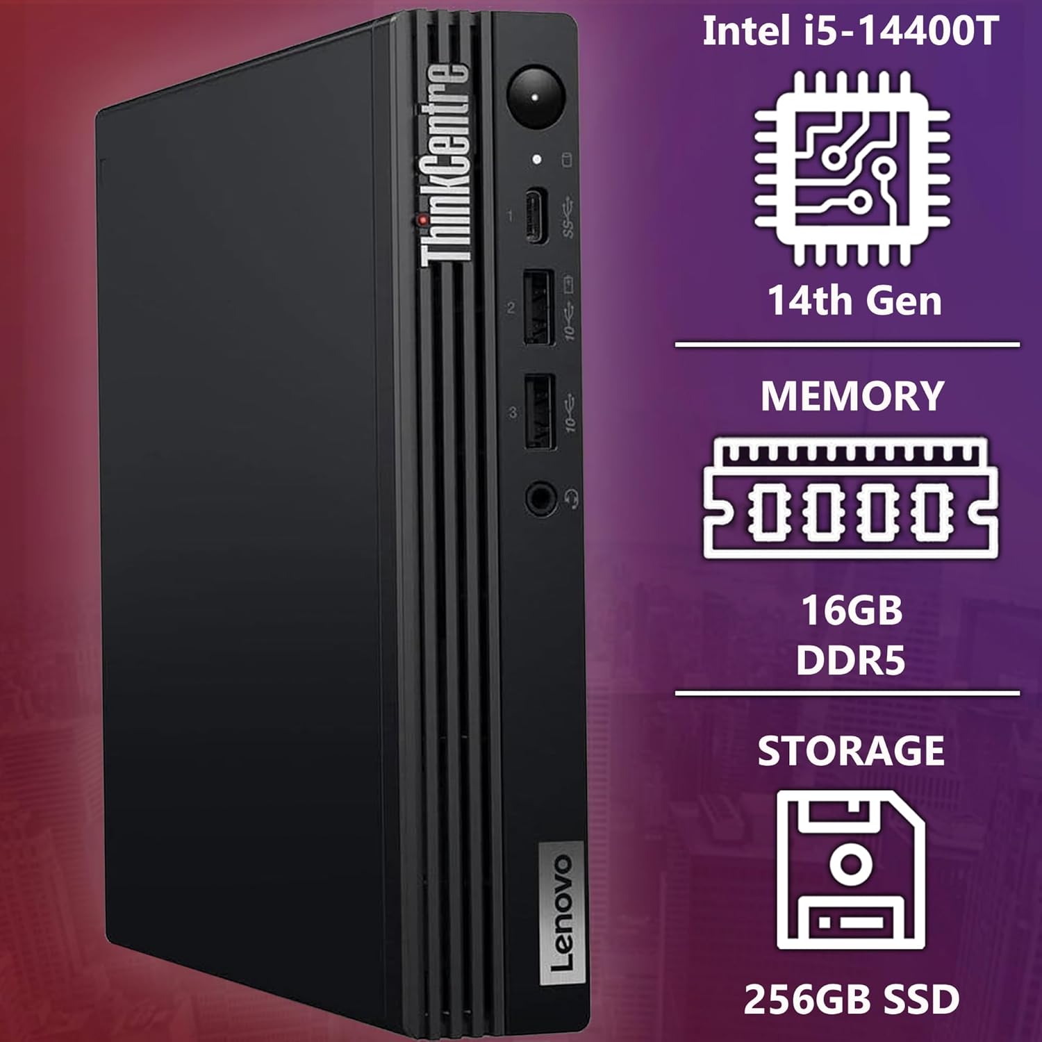 Lenovo ThinkCentre Tiny M70q G5 Intel i5-14400T (Beats i7-13700T), 16GB DDR5 RAM, 256GB SSD PCIe, WiFi 6 + BT, RJ-45, DP Port, HDMI, Windows 11 Pro, Mini Business Desktop, 3YR Wty - Black