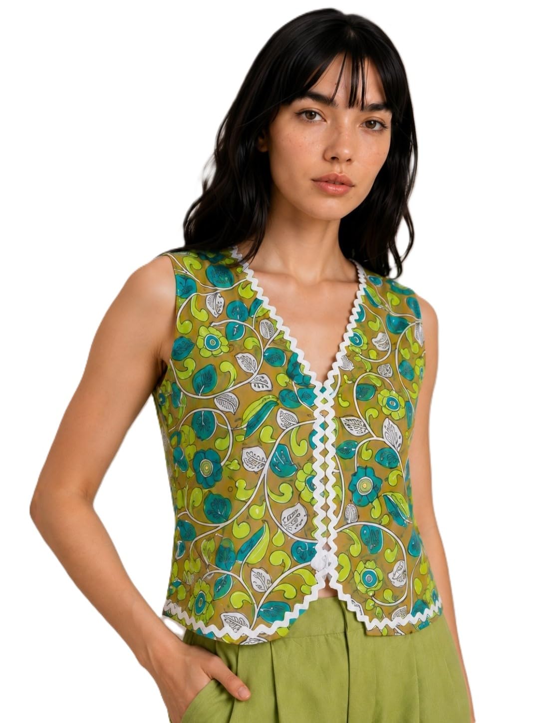 winered Women's Floral Print Sleeveless V-Neck Waistcoat Top | Buttonless Crop Vest for Women-picture-56