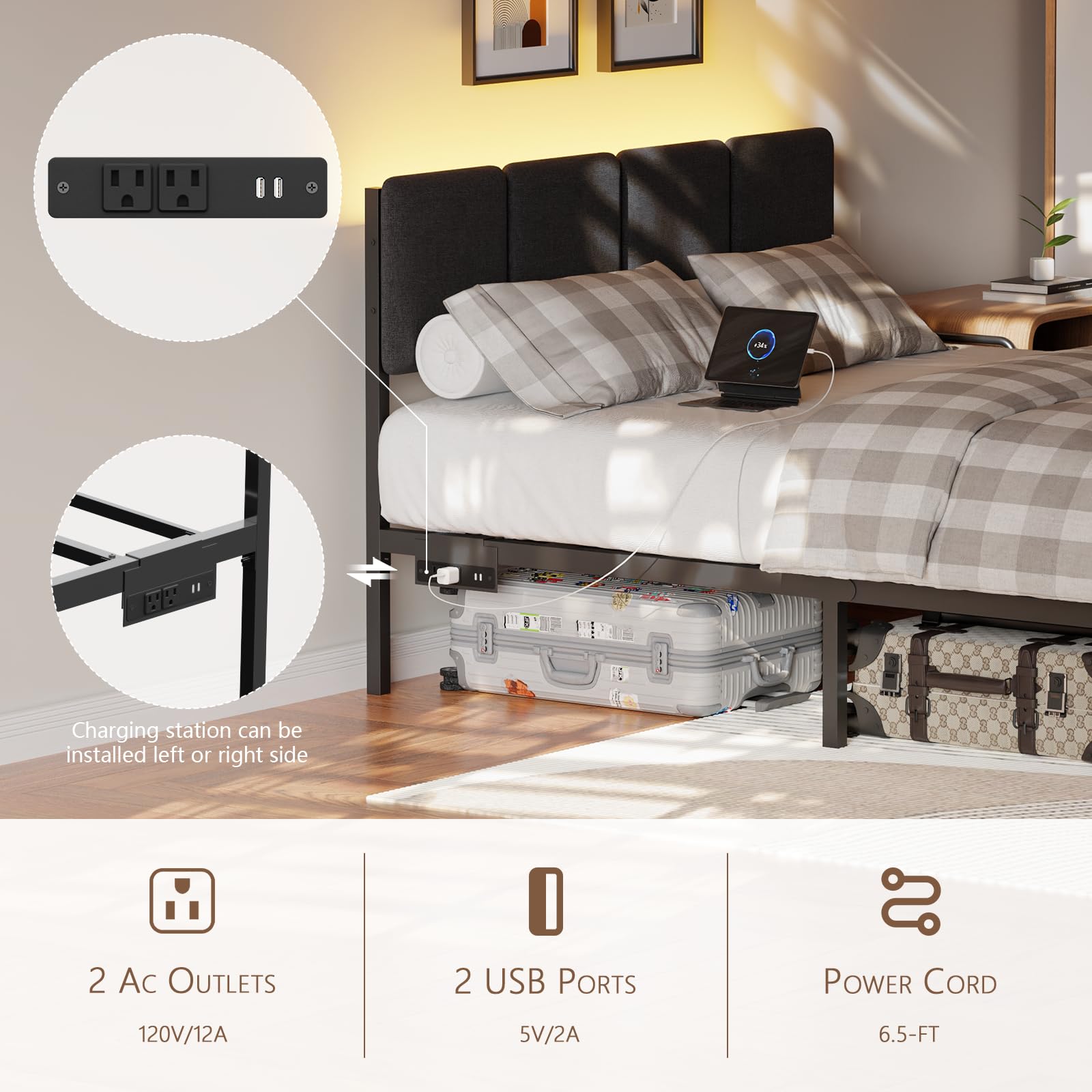 Base de cama de tamaño matrimonial con cabecero, cama tapizada matrimonial con luz LED, estación de carga USB, base de cama de plataforma con 2 cajones de almacenamiento debajo de la cama, no 5