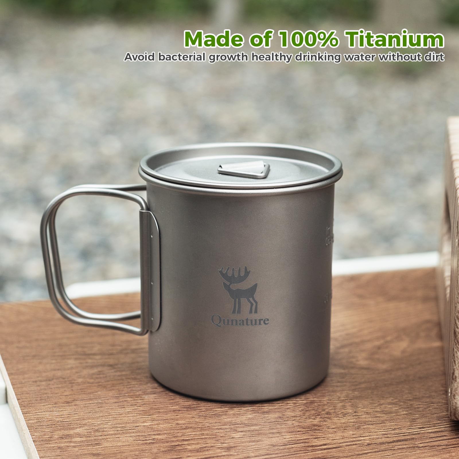 Tazza da Campeggio in Titanio 375ml, Tazza per Viaggio con Manico Pieghevole Antiscottatura e Coperchio Appendibile con Sacca di Stoccaggio, Leggero e Portatile, Escursionismo Trekking Picnic