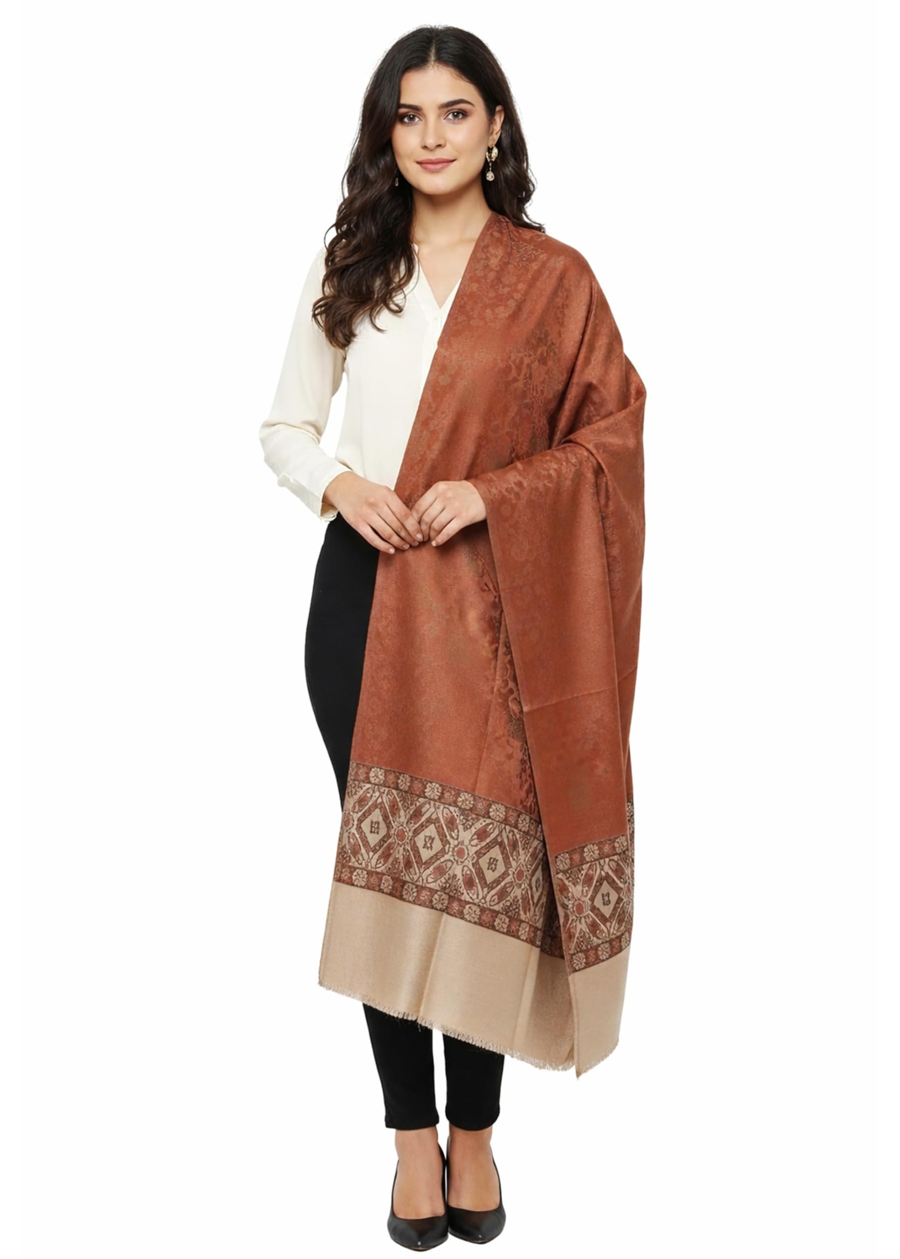 Women's Kashmiri Design Wool Blend Shawl for Winter– Warm Winter Golden Border Shawl for Ladies, Elegant Floral Printed Pashmina Style Wrap for Party & Casual Wear
