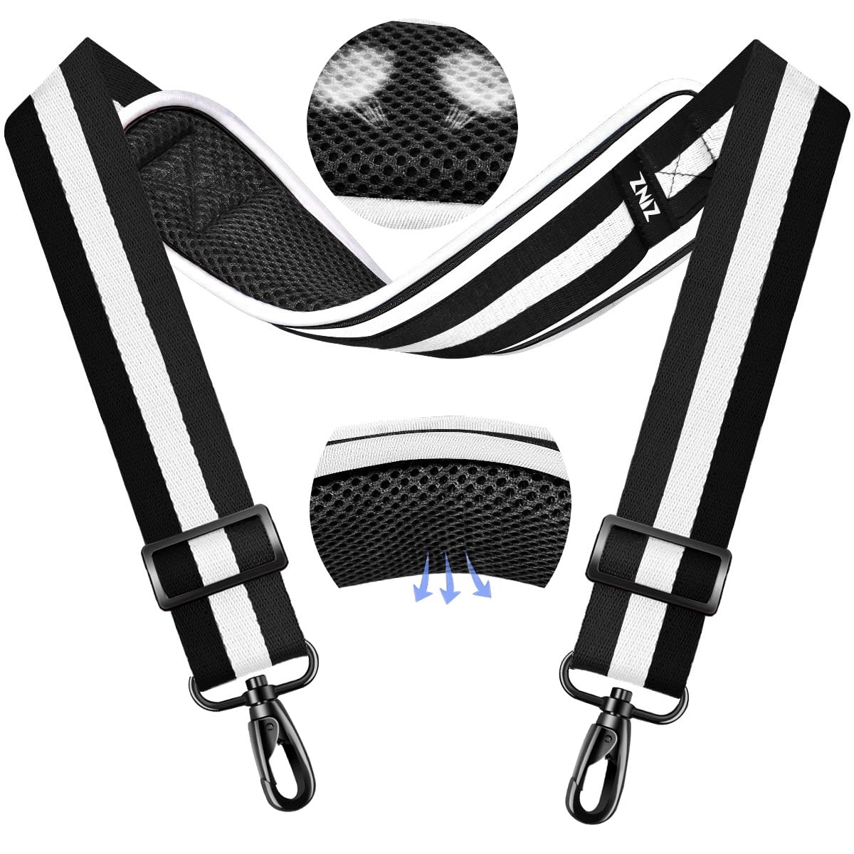 ZINMARK Shoulder Strap 59 inch, Extra-Thick Fixed Cushion Pad and Dual Clasps Universal Replacement Strap for Bags, Camera, Crossbody，Lawn mower -Black White Black Stripe