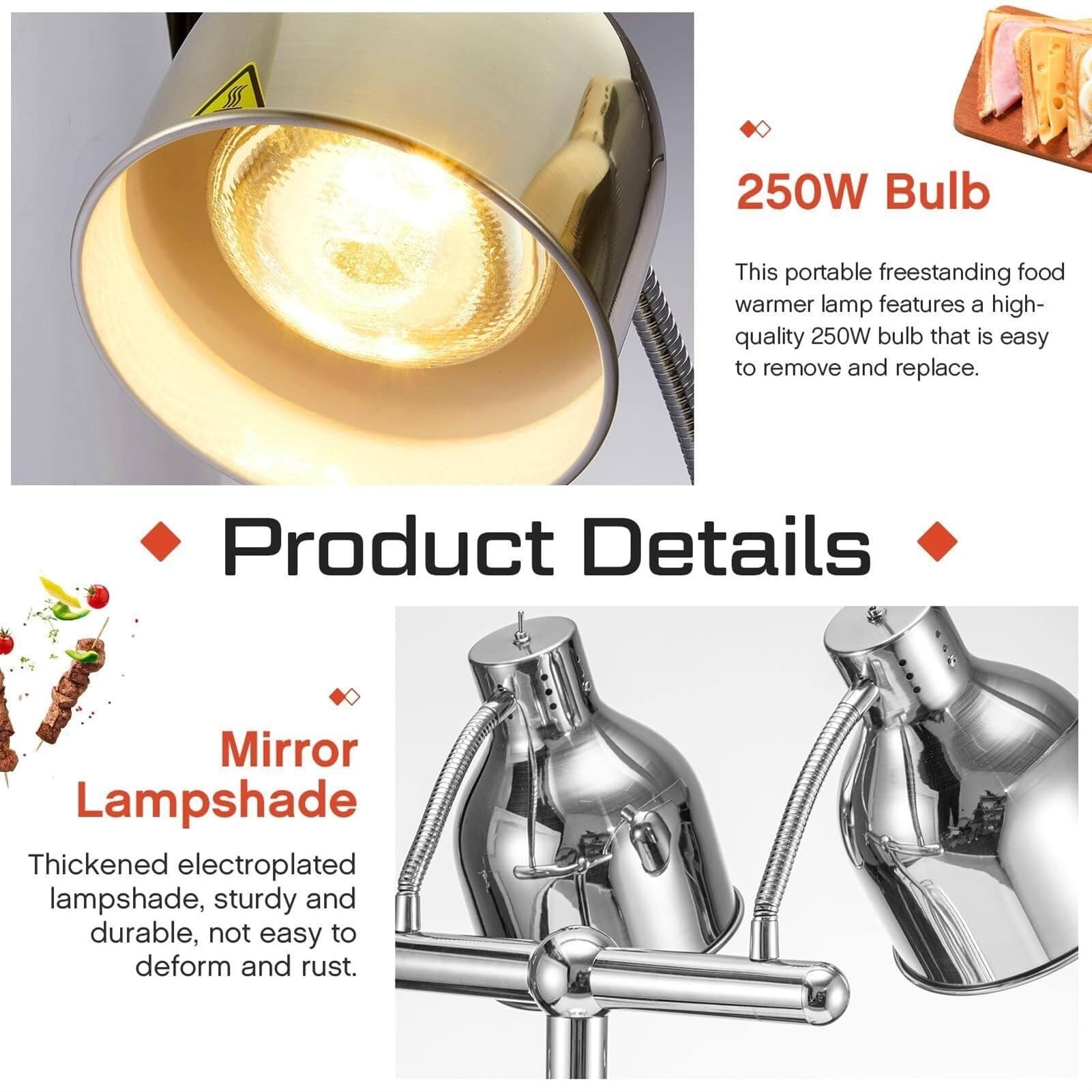 Lampada isolante for alimenti da tavolo da 250 W, lampada isolante for mensa, lampada riscaldante for alimenti for la conservazione degli alimenti, riscaldamento, mensa, cucina for feste, argento(Silv
