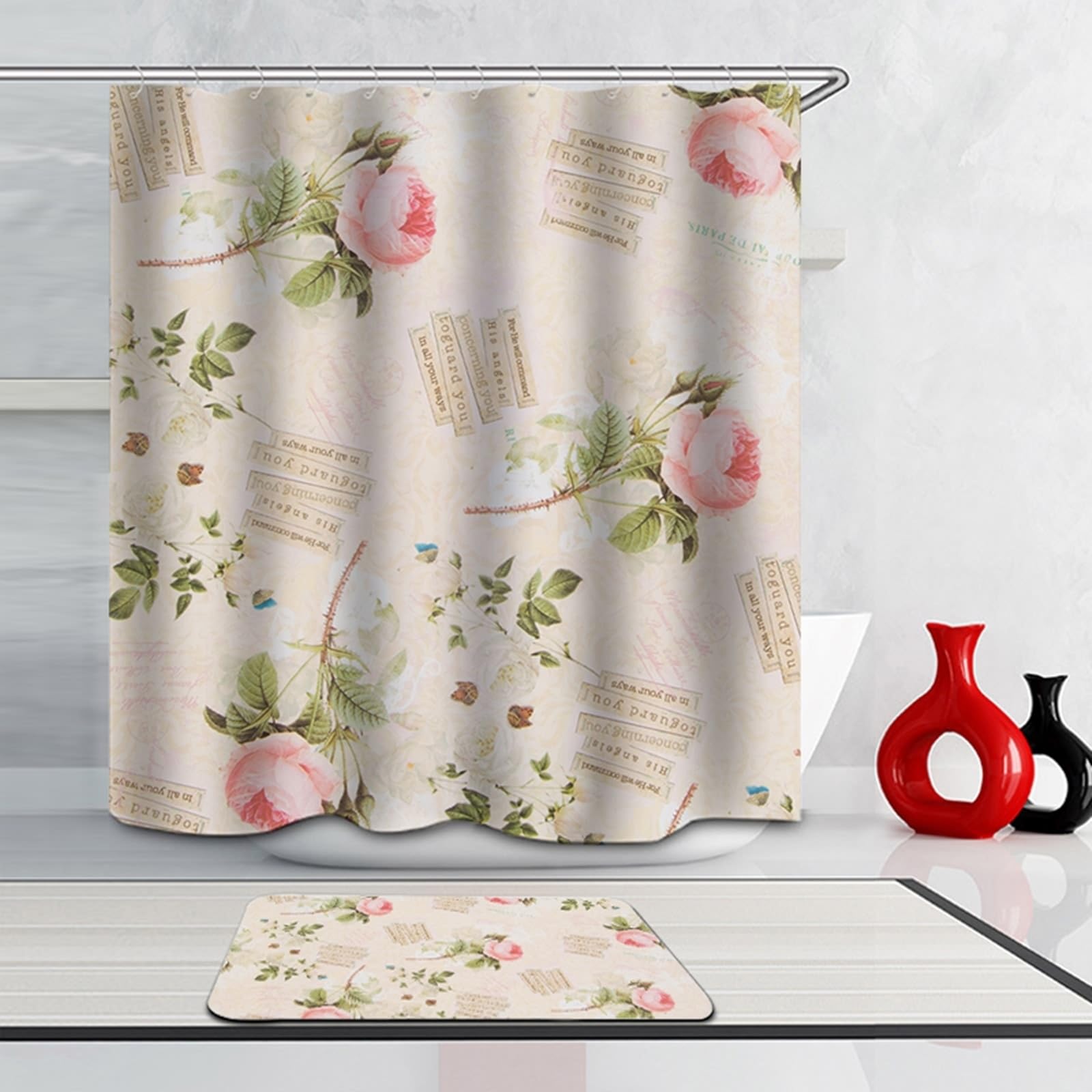Duschvorhang Bunt 165x200 cm für Badezimmer, Blumen Muster Badvorhang Polyester Waschbar Stoff 1,65 x 2m Lang(BxH) mit Duschvorhangringen