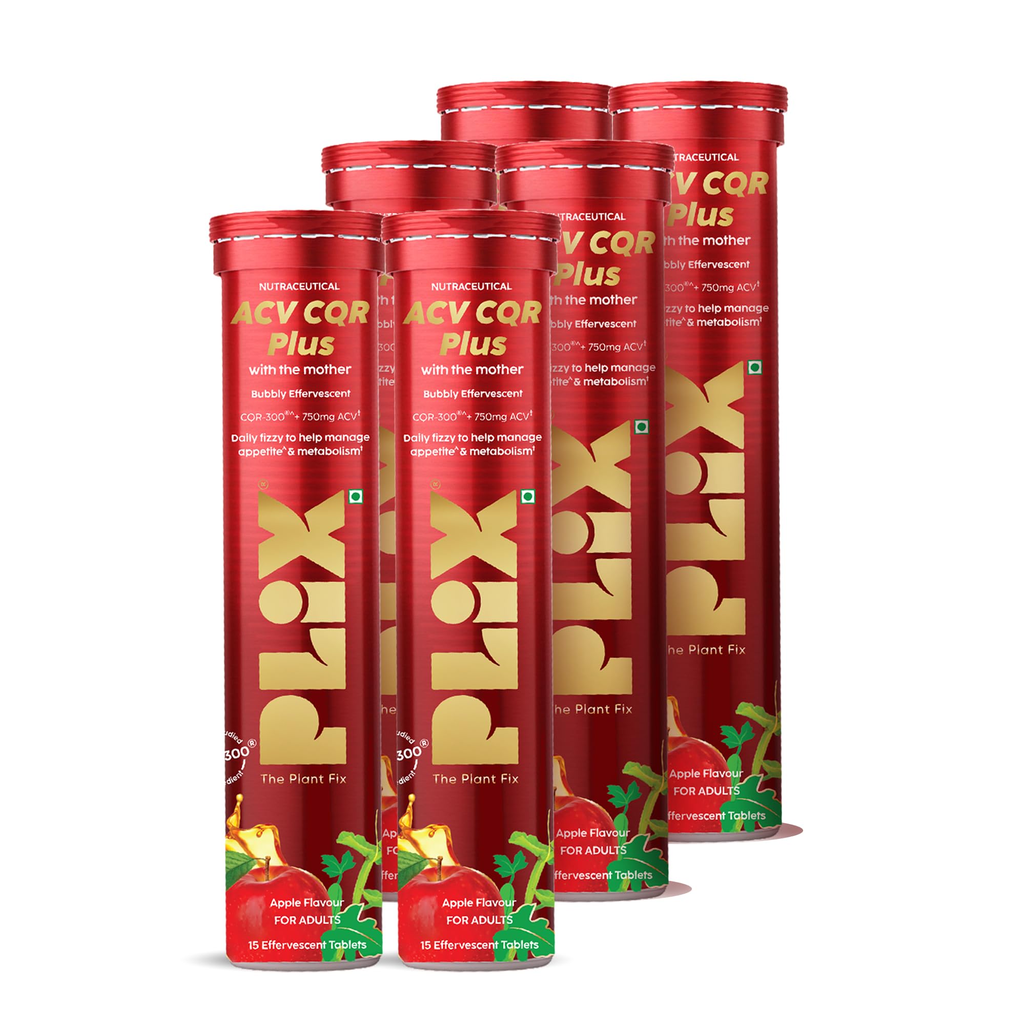 PLIX ACV CQR Plus Effervescent | Clinically Studied CQR-300® & Apple Cider Vinegar | Supports Fat Reduction, Waist & Hip Slimming, Metabolism & Appetite Control | 30 Effervescent Tablets Per Tube | Pack of 6