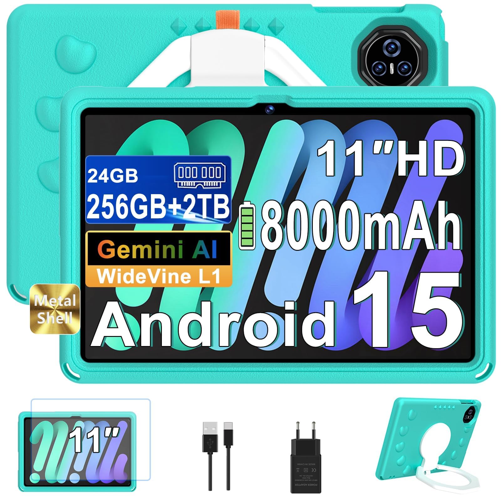 Dghrti Tablette 11 Pouces Android 15, 24Go+256Go/2To, Octa-Core, Gemini AI/Widevine L1, 8000 mAh, 13MP+5MP, Boîtier Métallique, Grande Tablette avec EVA Silicone É‌tui Protection-Vert