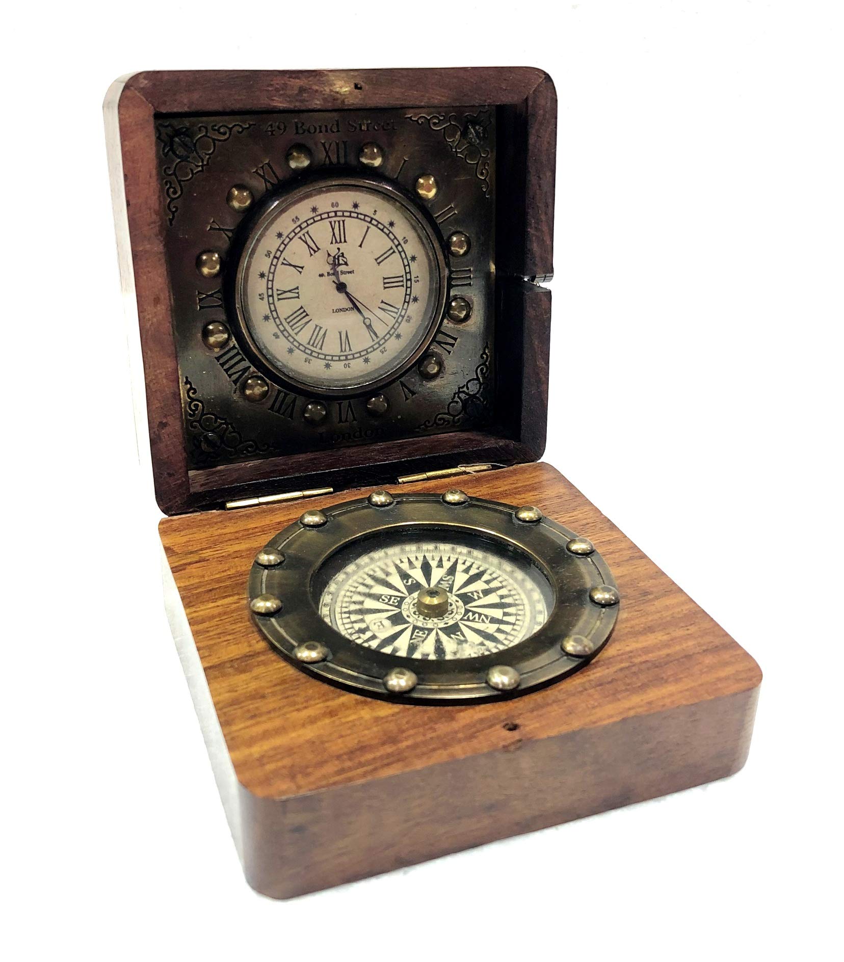 Antique Reloj analógico de bolsillo con brújula de latón macizo de 8,9 cm
