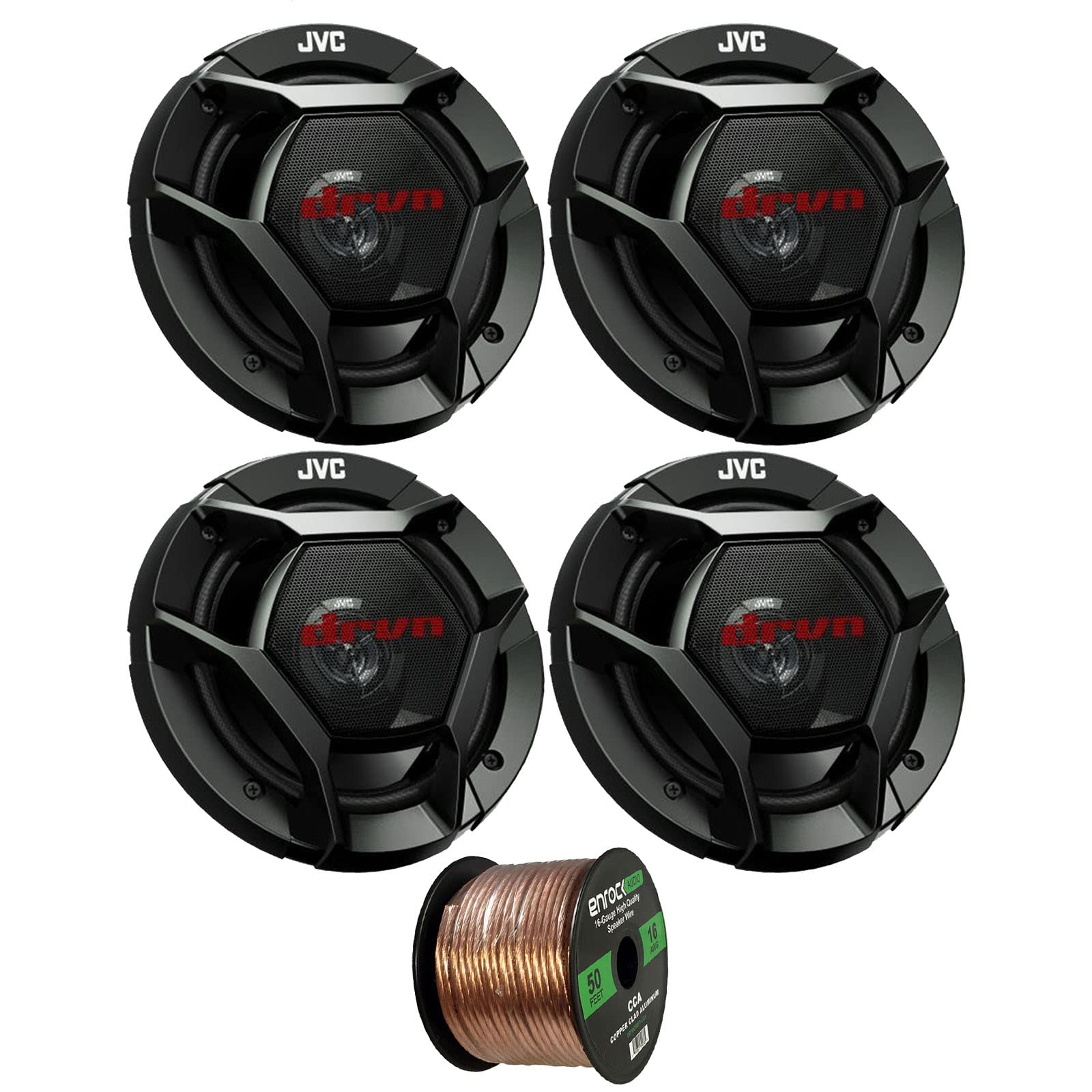 JVC 4X drvn DR Series 6.5" 300W Max Power Car Audio 2-Way Coaxial Vehicle Speakers Bundle Combo with 50 Ft 16 Gauge Audio Speaker Wiring