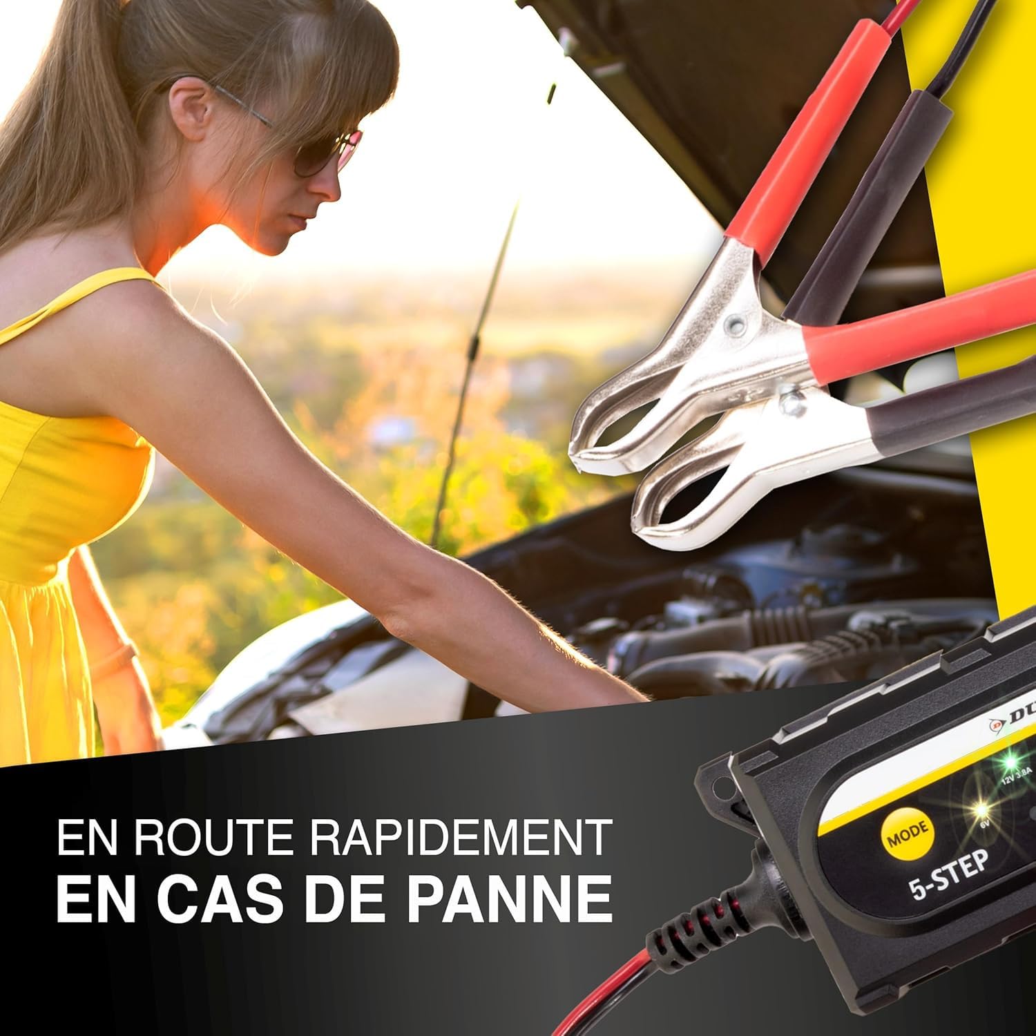 Chargeur Intelligent Dunlop 1A 12V - Chargeur Batterie Voiture & Moto, Gel & Standard, Charge Auto 5 Étapes, Sécurisé & Facile