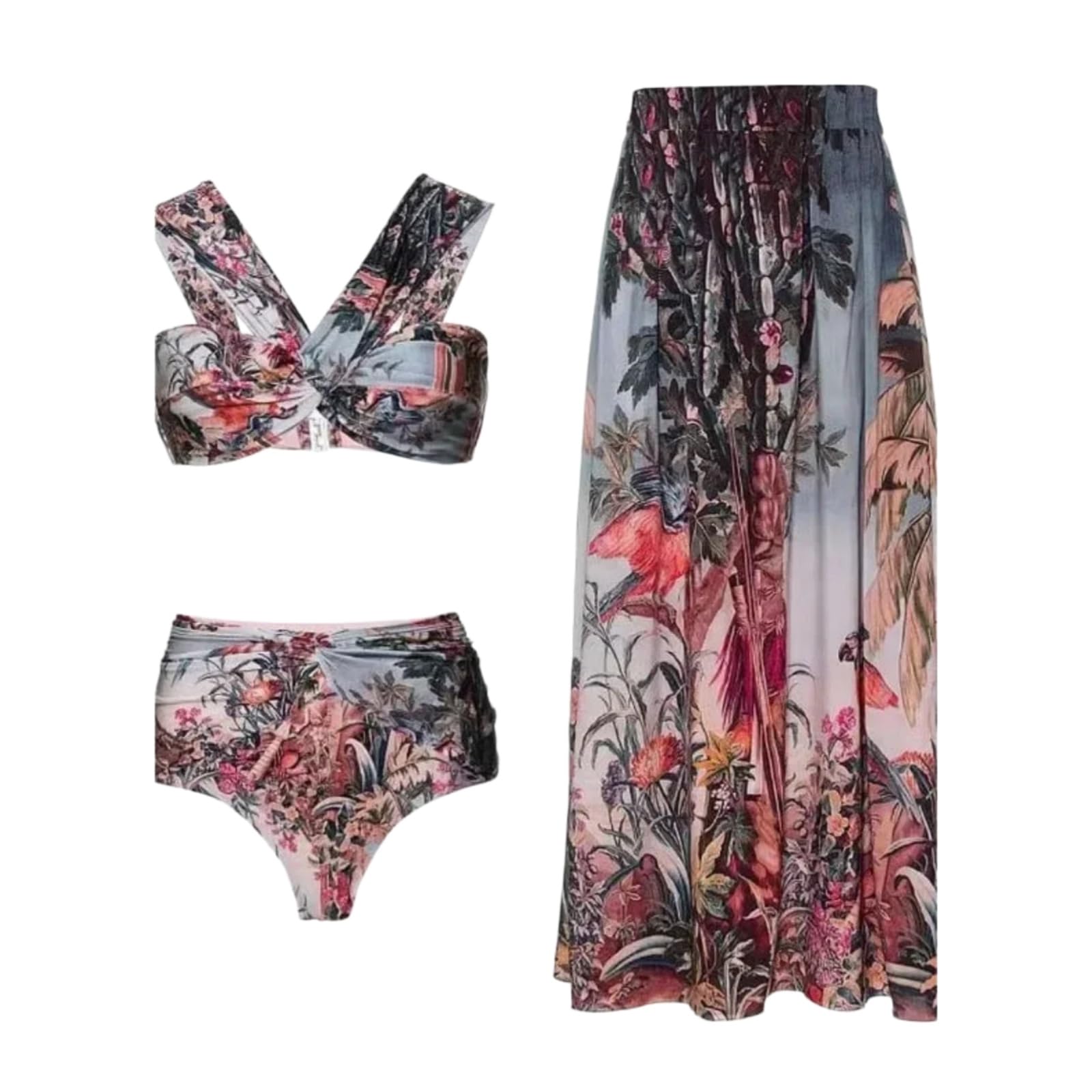 Bikini Mujeres Vintage Impresión Conjunto con Falda De Playa, Traje Baño Dos Piezas, para La Piscina Vacaciones En Playa-1 Set-m