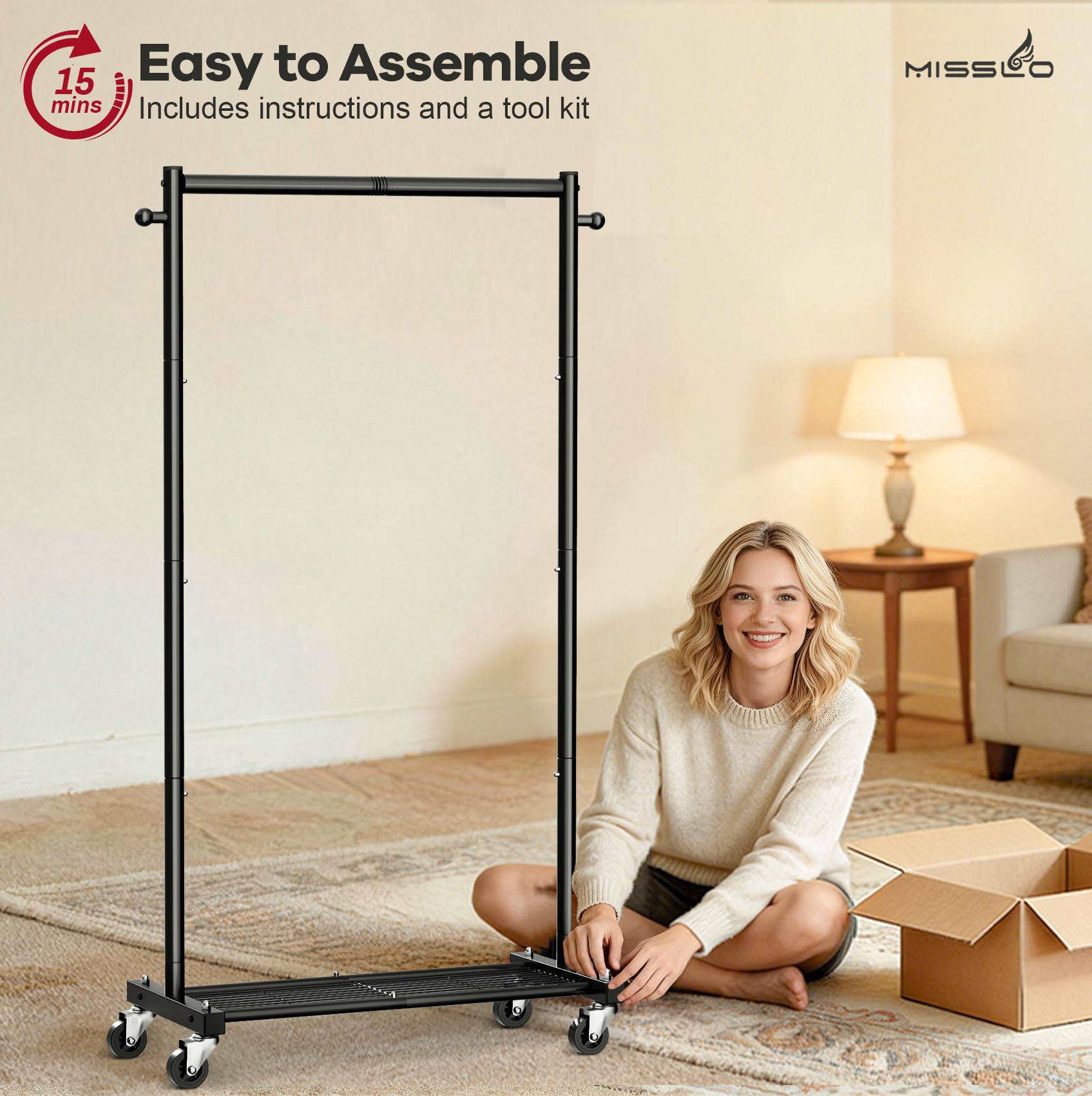 MISSLO Appendiabiti resistente piccolo Clohthig Rail 71,1 x 39,4 x 152,4 cm | 25 mm appendiabiti in metallo con ripiani per riporre oggetti arrotolabile con ruote per camera da letto, lavanderia, nero