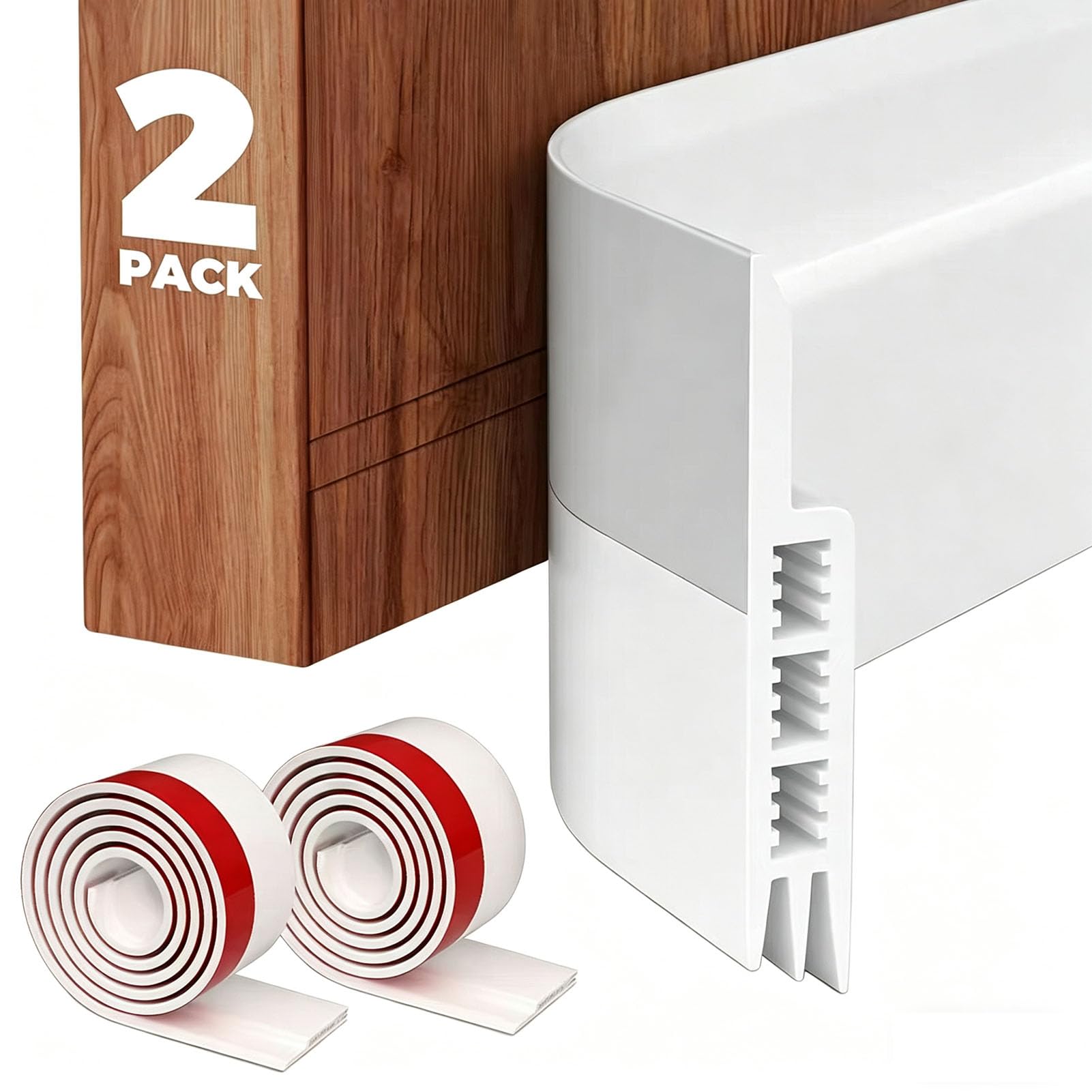 HongChelle 2 Pack Door Draft Excluder Strip, Under Door Draft Stopper, Draught Excluder Tape Self Adhesive, Soundproof Weather Stripping White, Rubber Insulation Strip