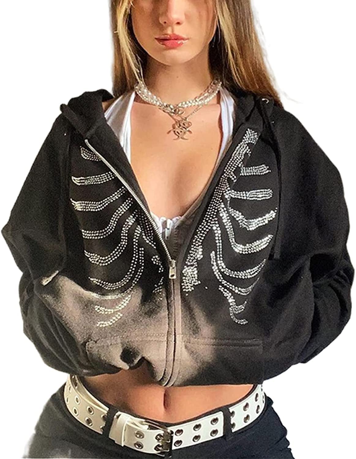 WFIAOUESSWomen Skeleton Zip Up Hoodie Oversized Rhinestone Hoodie Goth Clothes Y2k Jacket Streetwear Sweatshirt Sweater