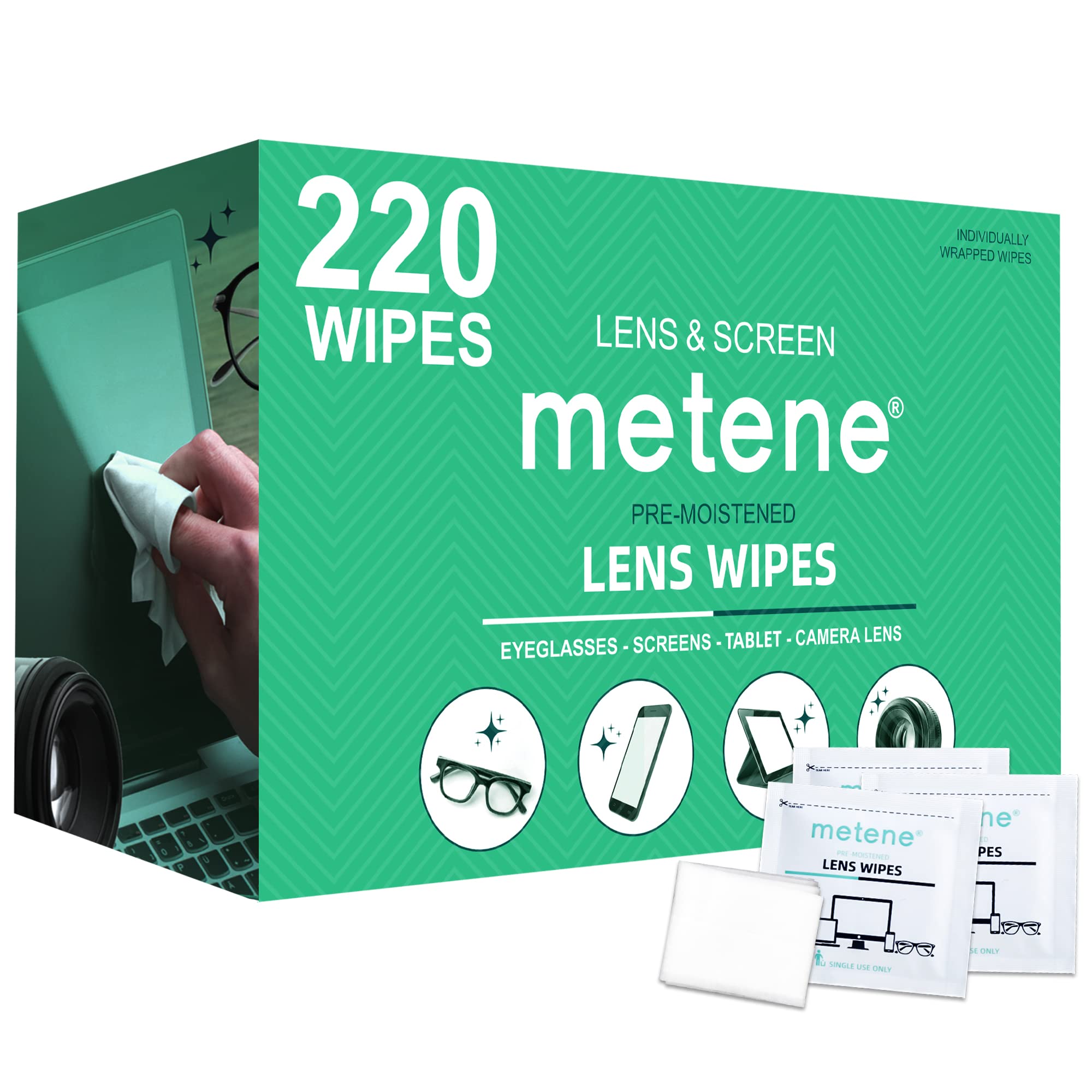 Metene 220 Pack Lens Cleaning Wipes, Pre-Moistened and Individually Wrapped Eyeglass Wipes, Glasses Cleaner for Eyeglasses, Camera Lens, Tablets, Phone, Computer Screen and Other Delicate Surfaces